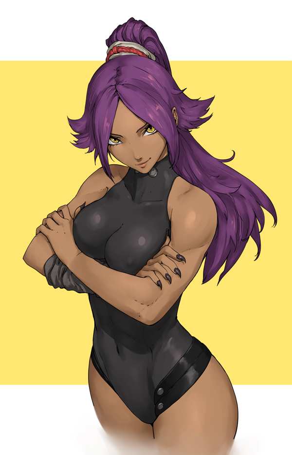 1girls, abs, asymmetrical sleeves, black nails, bleach, breasts, cleavage, clothing, covered nipples, cropped legs, crossed arms, curvaceous, curvy, curvy figure, dark skin, dark-skinned female, female, fit, fit female, leotard, long fingernails, long hair, looking at viewer, muscular, muscular female, nail, nail polish, nipples, ozkh, ponytail, purple hair, sharp fingernails, shihouin yoruichi, shiny, shiny hair, shiny skin, skindentation, sleeveless, smile, solo, solo focus, standing, toned, visible nipples, wide hips, yellow eyes