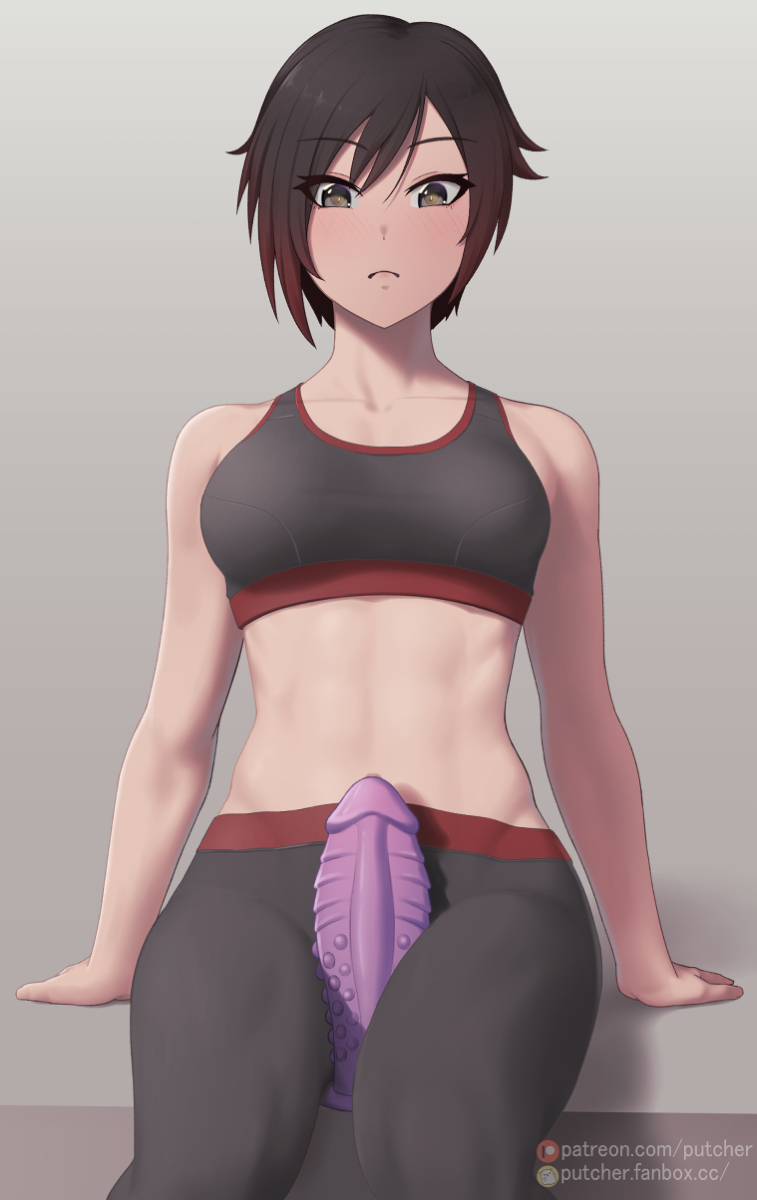 bad dragon, dildo, female, fit, fit female, gradient hair, gym clothes, putcher, ruby rose, rwby, silver eyes, workout clothes