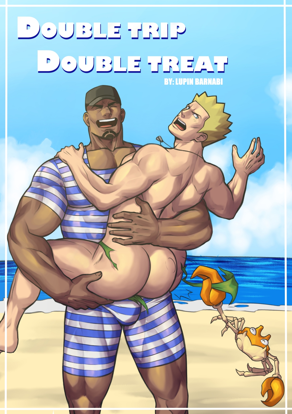 2boys ass bara beach bulge butt cliff_(pokemon) flaccid gay gym_uniform human interracial krabby lt_surge lupin_barnabi male male/male male_only melanin nintendo nude outdoors pokemon teasing wardrobe_malfunction