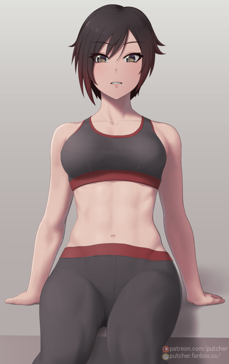 female, fit, fit female, gradient hair, gym clothes, putcher, ruby rose, rwby, short hair, silver eyes, toned, toned female, workout clothes, yoga pants