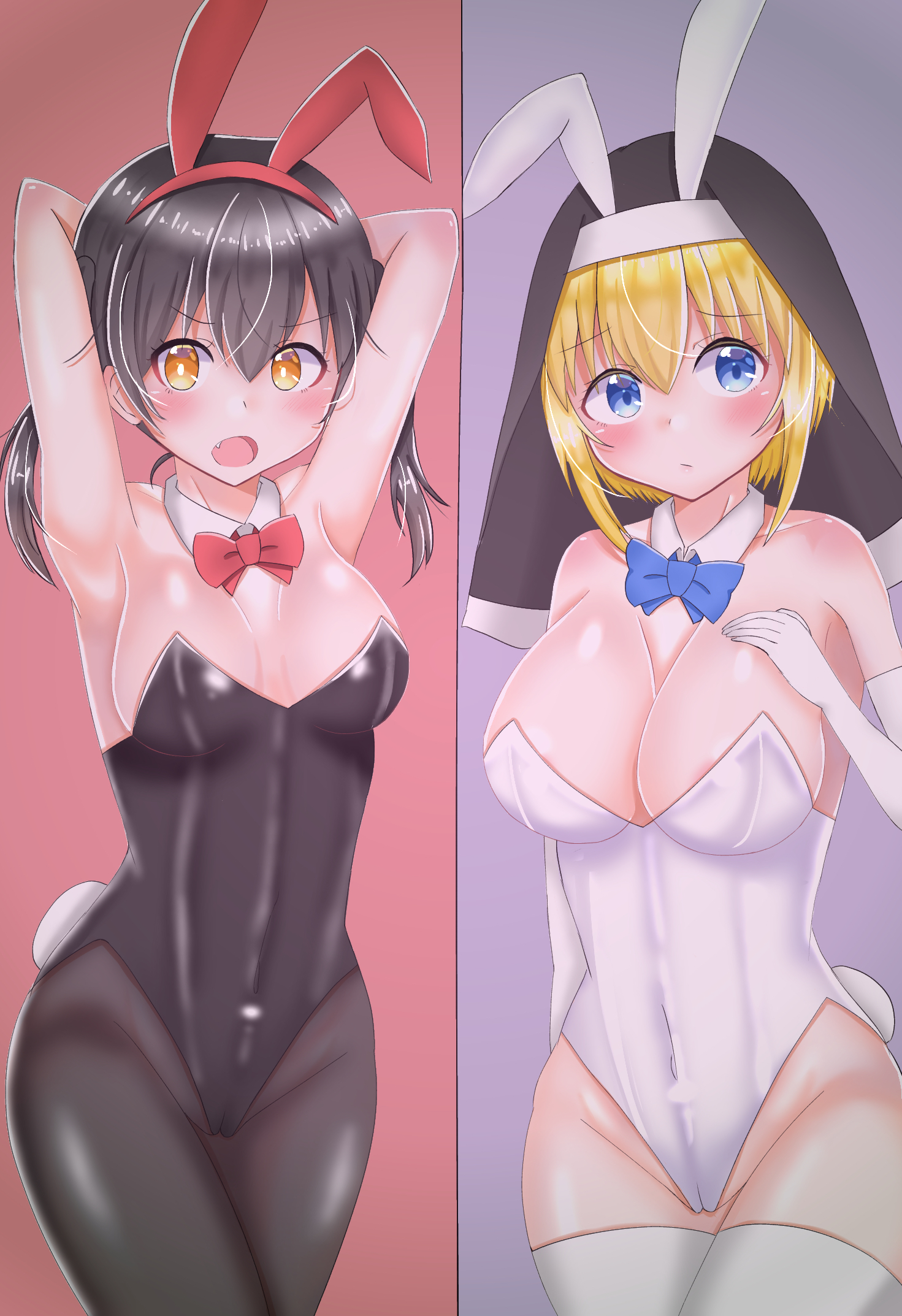 2021, 2girls, 2koma, animal ears, areola slip, armpits, arms up, armwear, big breasts, black hair, black leotard, black pantyhose, blonde hair, blue eyes, bow, bowtie, breasts, bunny ears, bunny girl, bunny tail, bunnysuit, cameltoe, cleavage, closed mouth, covered navel, covered nipples, dark hair, en'en no shouboutai, enen no shouboutai, fake animal ears, female, fire force, gachorin, hand on breast, hand on chest, hand on own breast, hand on own chest, kotatsu tamaki, legwear, leotard, looking at viewer, looking away, medium breasts, mouth closed, nun, open mouth, pantyhose, playboy bunny, pussy, simple background, sister iris (enen no shouboutai), sister iris (fire force), white armwear, white legwear, white leotard, yellow eyes