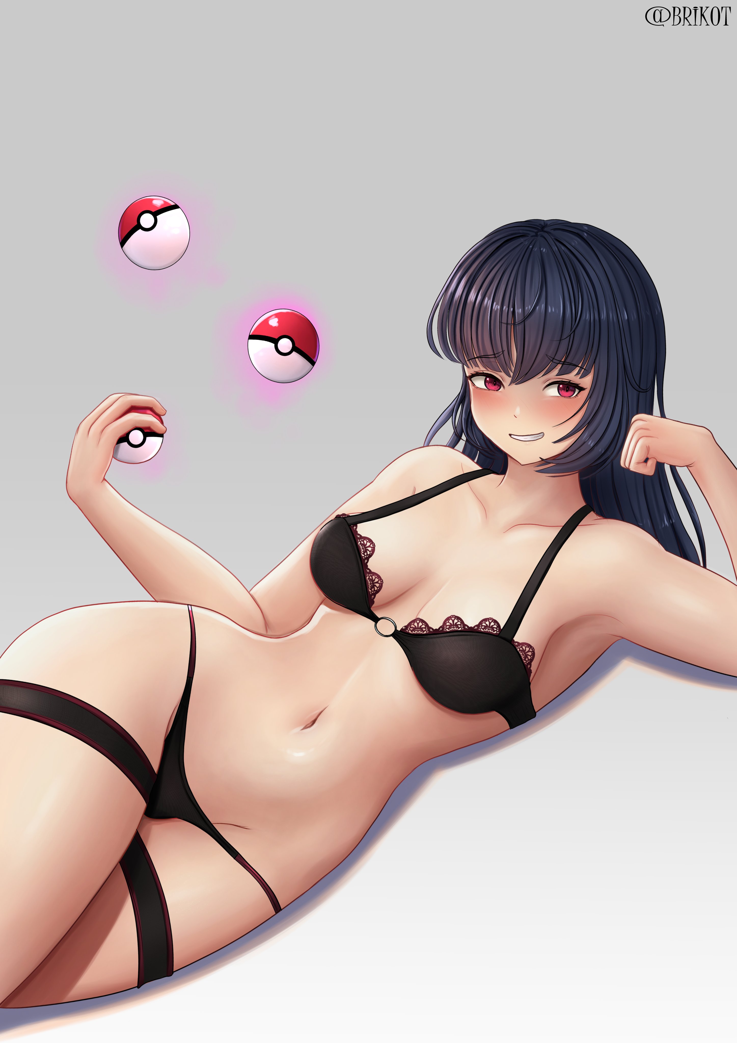 1girls, alluring, big breasts, black bra, black panties, blush, bra, breasts, brikot, clothing, female, legs together, lingerie, long hair, matching underwear, panties, pokemon, sabrina (pokemon), smile, thick thighs, wide hips