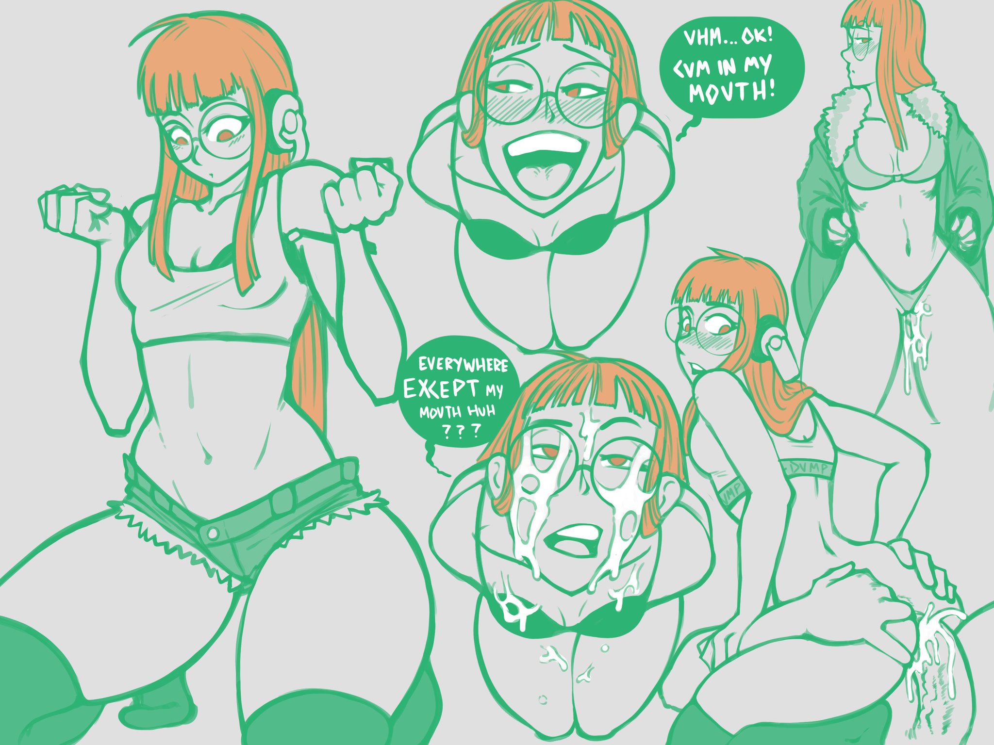 bespectacled, blush, blushing at viewer, bra, breasts, character sheet, commission, cum, cum drip, cum dripping, cum dripping down chin, cum in pussy, cum inside, cum on body, cum on breasts, cum on face, cum on glasses, dumpsite, faceless male, female, glasses, headphones, long hair, looking at partner, looking at viewer, looking back, looking down, looking up, male, medium ass, open mouth, orange eyes, orange hair, panels, panties, penetration, penis, penis in pussy, persona, persona 5, persona 5 royal, pussy, sakura futaba, shirt, short shorts, shorts, small breasts, speech bubble, thighhighs, underwear