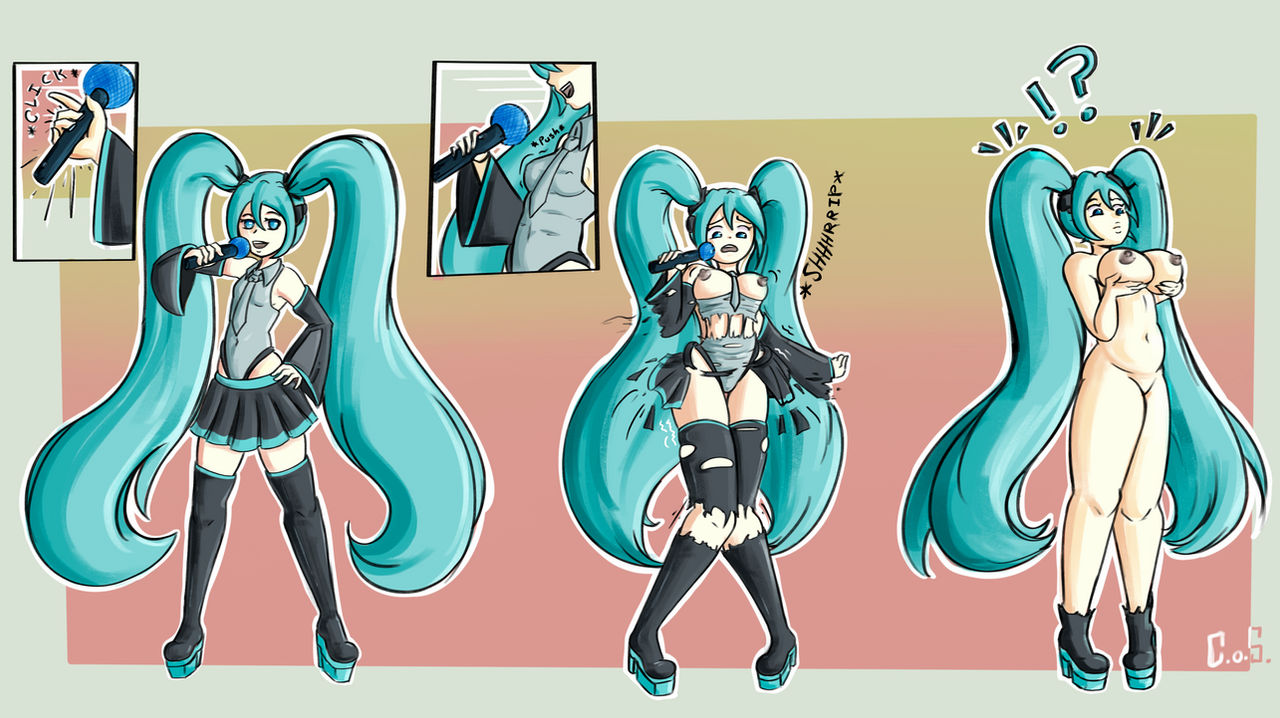 !?, 1girl, aqua eyes, aqua hair, boots, breast expansion, breast growth, breast growth (enlargement), breasts, crateofsnakes, detached sleeves, female, hatsune miku, high heels, large breasts, long hair, microphone, naked footwear, navel, necktie, nipples, nude, panties, skirt, thigh boots, thighhighs, torn clothes, transformation, transformation sequence, twintails, underwear, very long hair, vocaloid