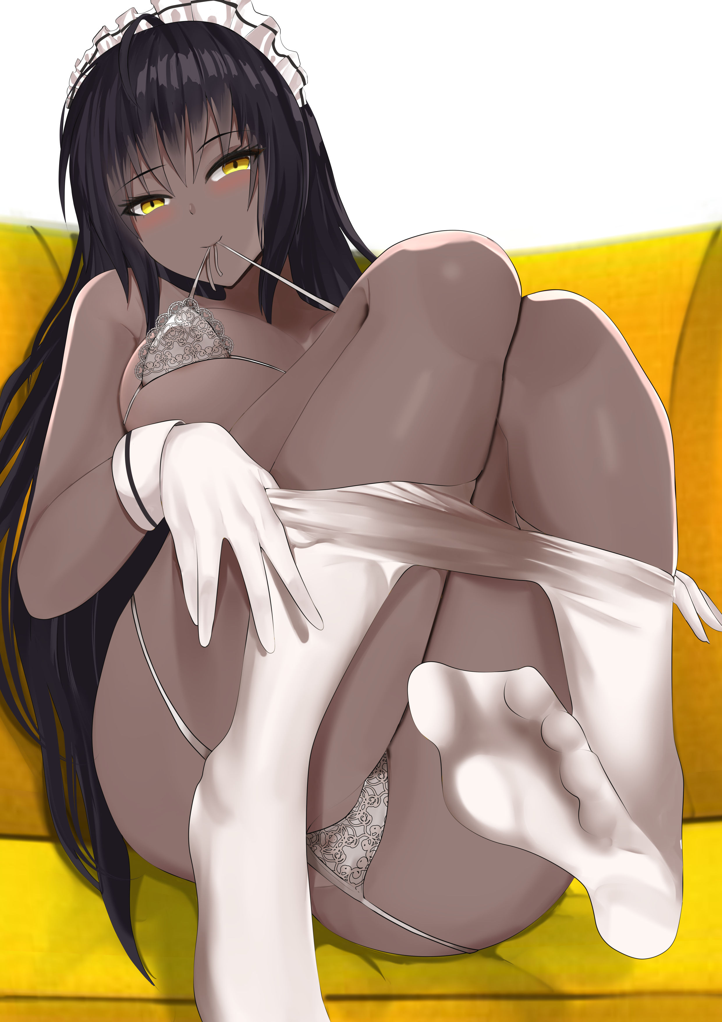 1girls, 2021, black hair, blue archive, blush, bra, bra pull, breasts, cleaning & clearing (blue archive), couch, dark hair, dark skin, dark-skinned female, eyebrows visible through hair, female, female focus, female only, gloves, karin (blue archive), lace, lace-trimmed bra, lace-trimmed panties, legwear, legwear removed, looking at viewer, lying, lying on couch, maid, maid headdress, millennium science school student, panties, solo, solo female, solo focus, tian kazuki, undressing, white bra, white gloves, white legwear, white panties, yellow eyes