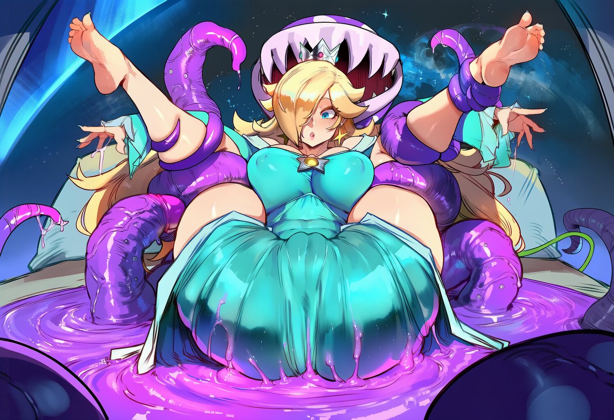 1girls, 2d, ai generated, bangs over one eye, bare soles, blonde hair, blue dress, blue eyes, cameltoe, crown, ear ring, earrings, feet, feet up, female, fully clothed, goo, hair over one eye, held, large ass, leafyviolet, legs apart, legs up, mario (series), monster, night, nintendo, piranha plant, prickly piranha plant, princess rosalina, purple goo, rosalina, silver crown, super mario galaxy, tentacle, tentacle hold, thick tentacle, tied up, trapped, white skin, wrapped up