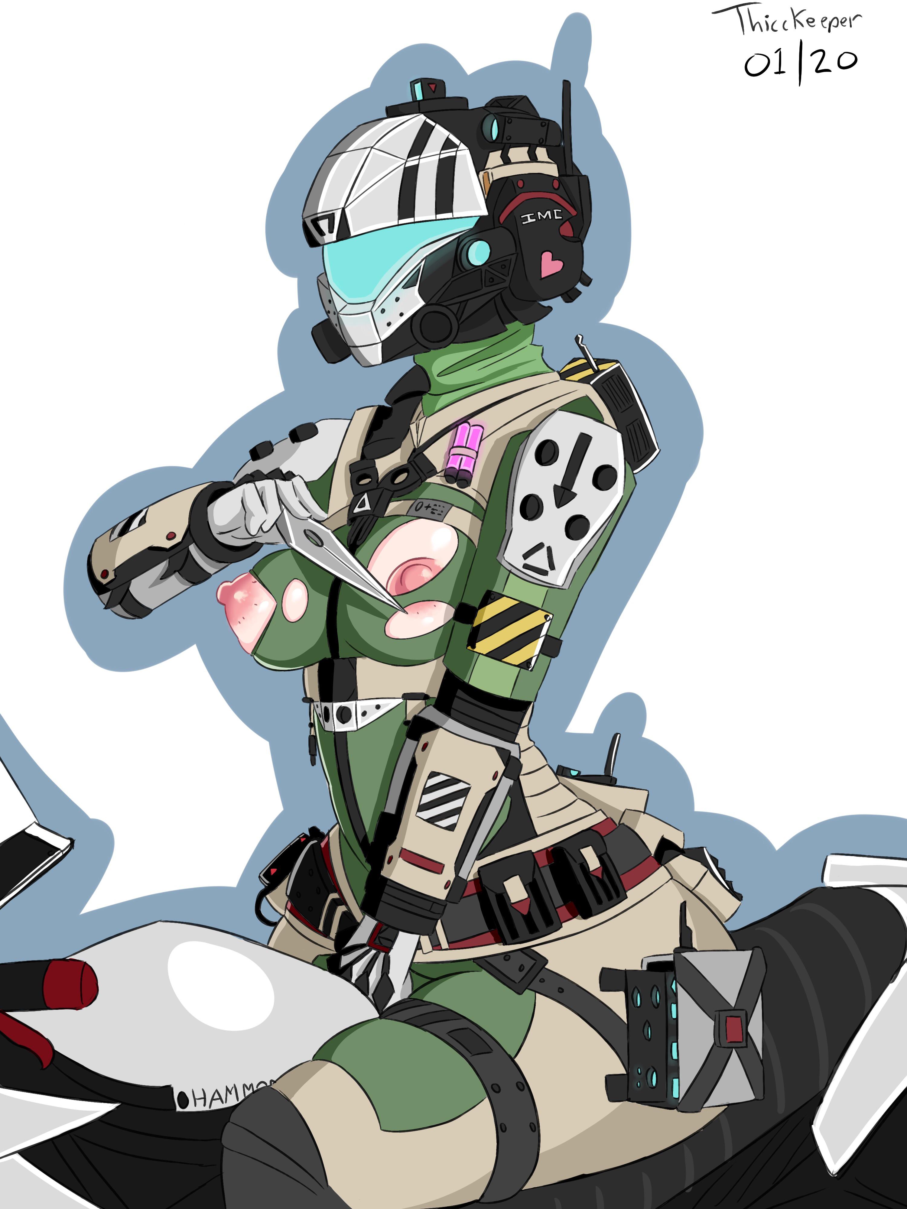 armor, breasts, exposed breasts, female, helmet, knife, pilot (titanfall), pulse blade pilot, riding, solo, thicckeeper, titanfall