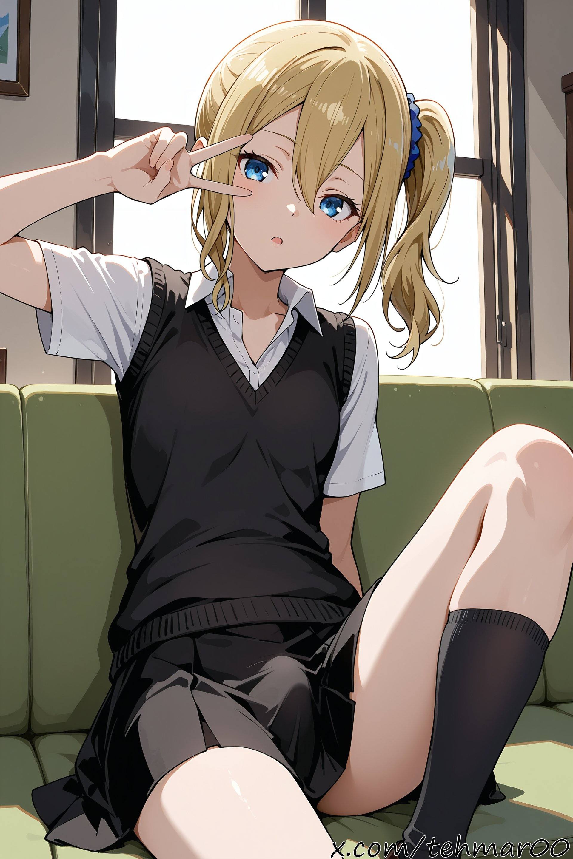 :o, 1boy, ai generated, bangs, black skirt, black socks, blonde hair, blue eyes, blue scrunchie, blush, bulge, collared shirt, couch, femboy, genderswap (ftm), hair between eyes, hair ornament, hair scrunchie, hayasaka ai, indoors, kaguya-sama wa kokurasetai ~tensai-tachi no renai zunousen~, knee up, kneehighs, looking at viewer, male, open mouth, pleated skirt, rule 63, school uniform, scrunchie, shirt, short sleeves, shuuchiin academy school uniform, side ponytail, sidelocks, sitting, skirt, socks, solo, sweater vest, tehmar, trans woman, transfem, trap, v, vest, white shirt
