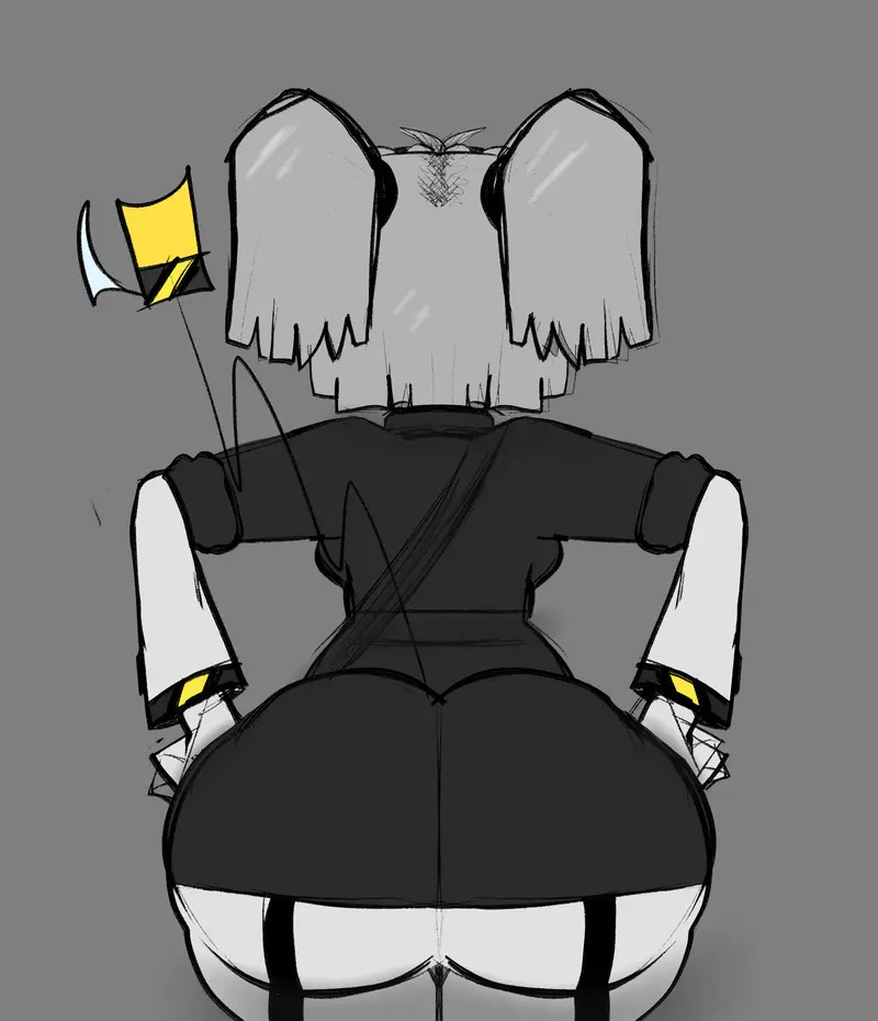 1girls, ass, ass focus, big ass, big butt, black clothing, butt, butt focus, female, female focus, female only, grey background, grey hair, hand on hip, hands on hips, j (murder drones), murder drones, robot, robot girl, robot humanoid, solo, solo female, solo focus, strap-on, tail