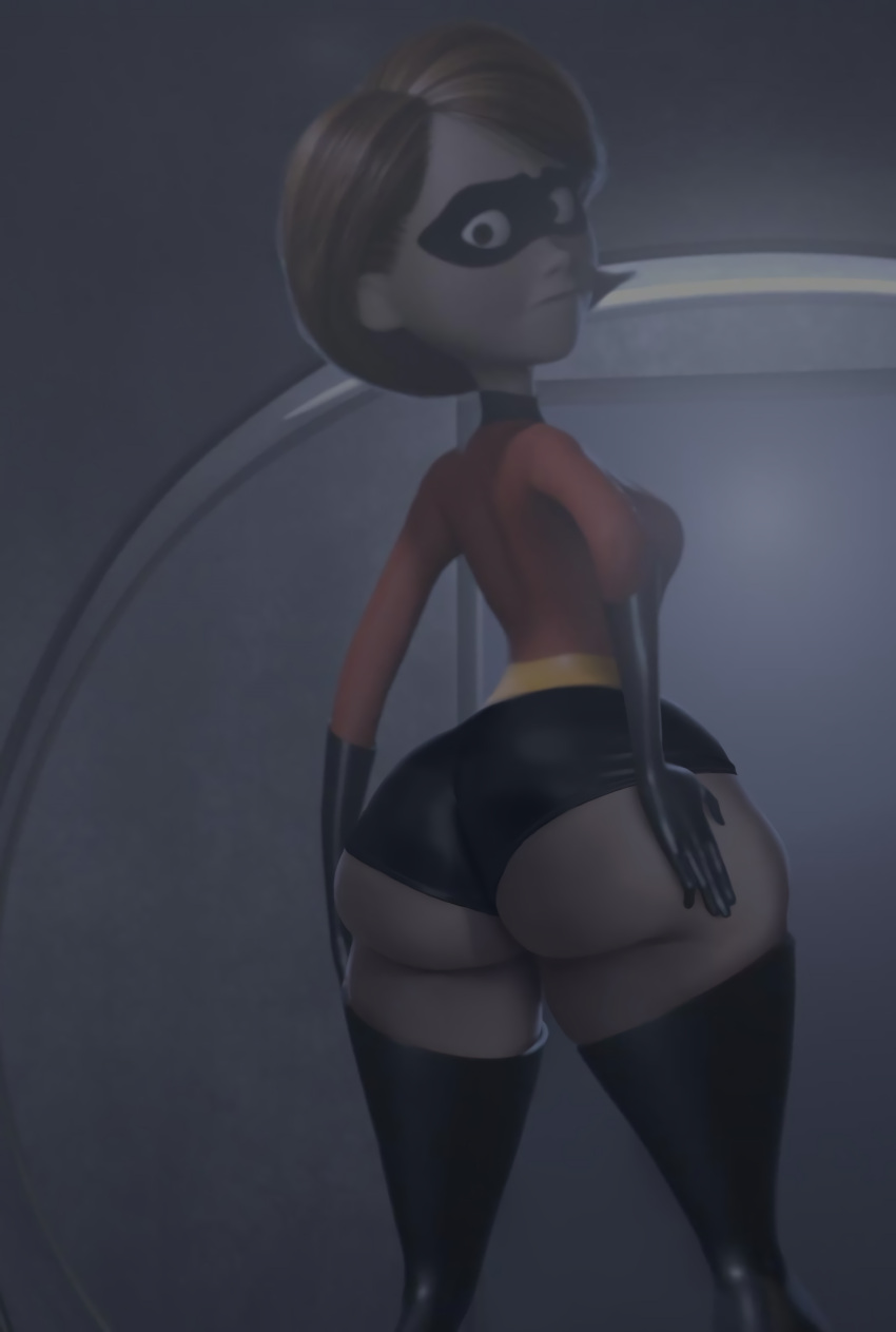 2d, 3d, bodysuit, brown hair, bubble butt, curvy female, curvy hips, curvy milf, disney, domino mask, dumptruck ass, edit, elastigirl, elastigirl (original supersuit), elastigirl (the incredibles 2 supersuit), elastigirl ass redraw, elastigirl mirror scene, grabbing own ass, helen parr, helen parr (cosplay), helen's ass check, huge ass, looking at own ass, looking back, looking back at self, milf, pixar, pixar mom, screenshot, screenshot edit, supersuit, the incredibles, thicc, thick thighs, tight clothing, tight suit, tight supersuit, undersized clothing, wide hipped female, wide hips, yetig