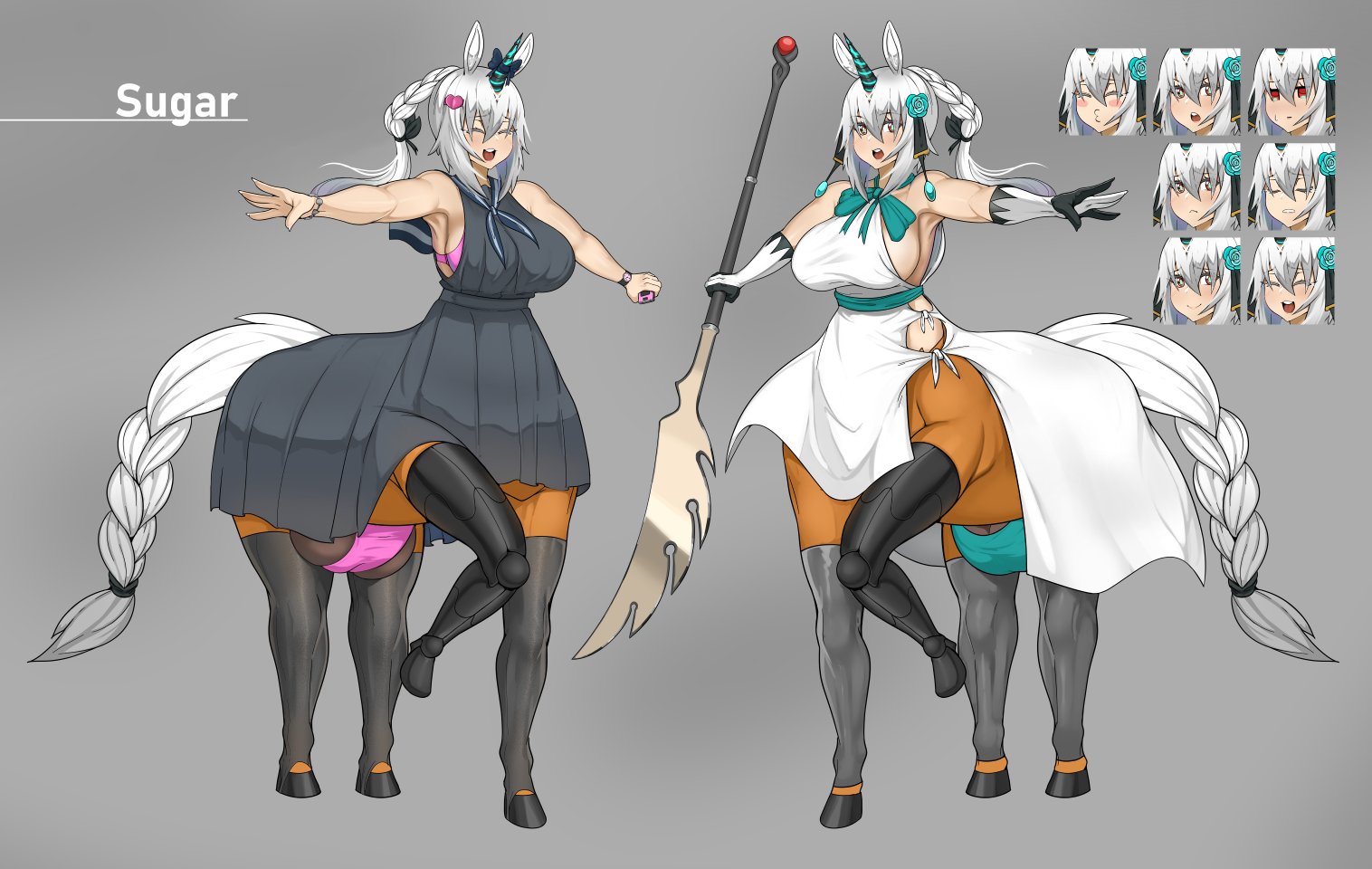 1futa, balls, balls in panties, bare shoulders, big breasts, breasts, centaur, character sheet, cleavage, clothed, clothing, fully clothed, futa only, futanari, gaikiken, humanoid, intersex, large breasts, light skin, pale skin, solo, standing, taur, testicles, white hair