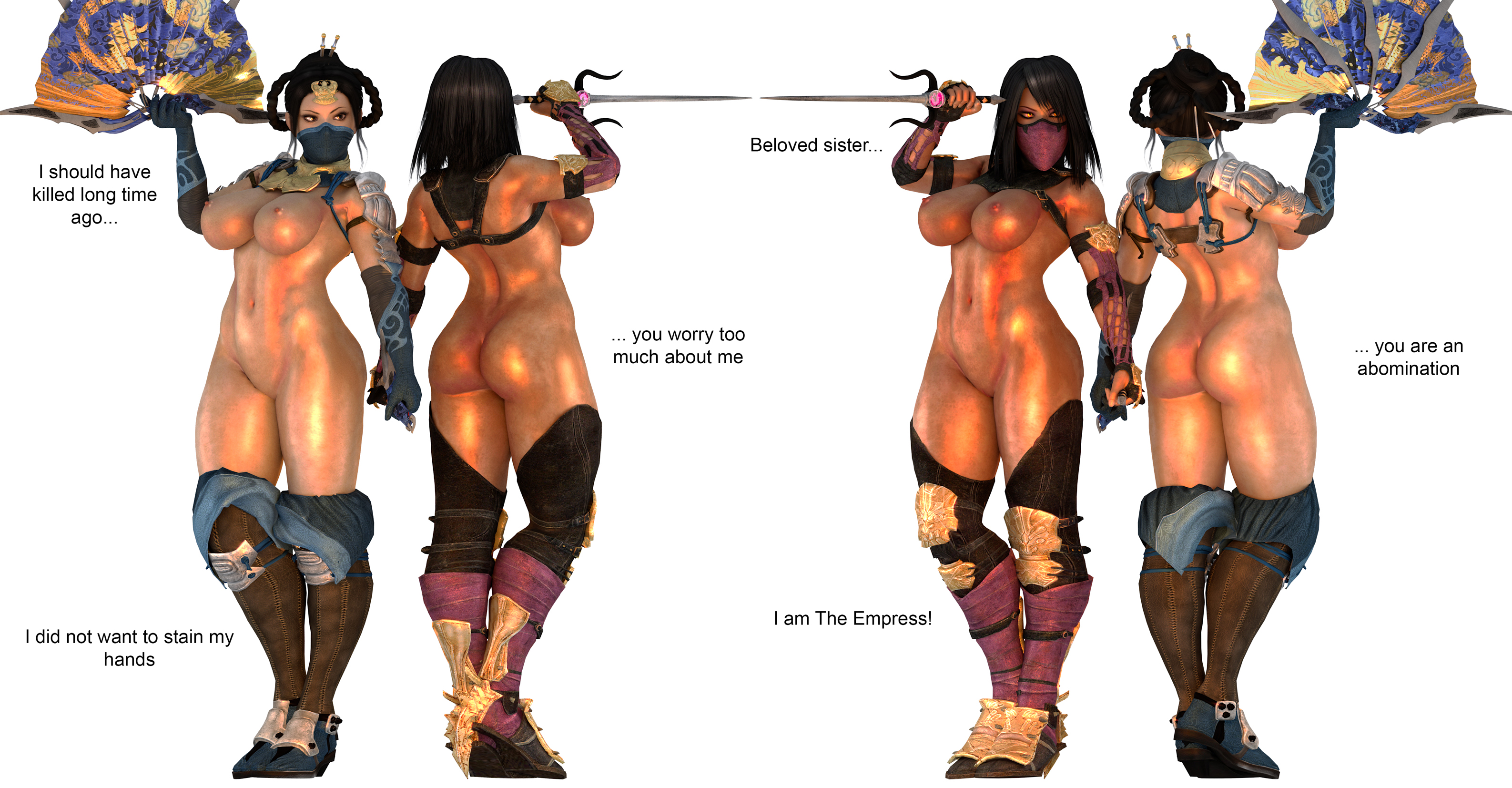 2girls, 3d, areolae, ass, big breasts, breasts, bubble ass, bubble butt, busty, edit, female, female focus, female only, hand holding, hourglass figure, kitana, kitana (mkx), mask, mileena, mortal kombat, mortal kombat x, naked footwear, nipples, pussy, shaved pussy, sisters, tagme, vagina, wide hips, zeroreyko
