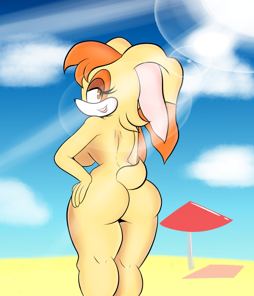 2020 absurd_res anthro ass beach beach_towel beach_umbrella big_breasts big_butt blackmore breasts brown_body brown_eyes brown_fur cloud digital_drawing_(artwork) digital_media_(artwork) female fur hi_res lagomorph leporid long_ears looking_at_viewer looking_back makeup mammal multicolored_body multicolored_fur nude orange_body orange_fur rabbit rear_view sand sea seaside smile smiling_at_viewer solo sonic_(series) sonic_the_hedgehog_(series) sun_rays tan_body tan_fur tan_tail towel vanilla_the_rabbit water