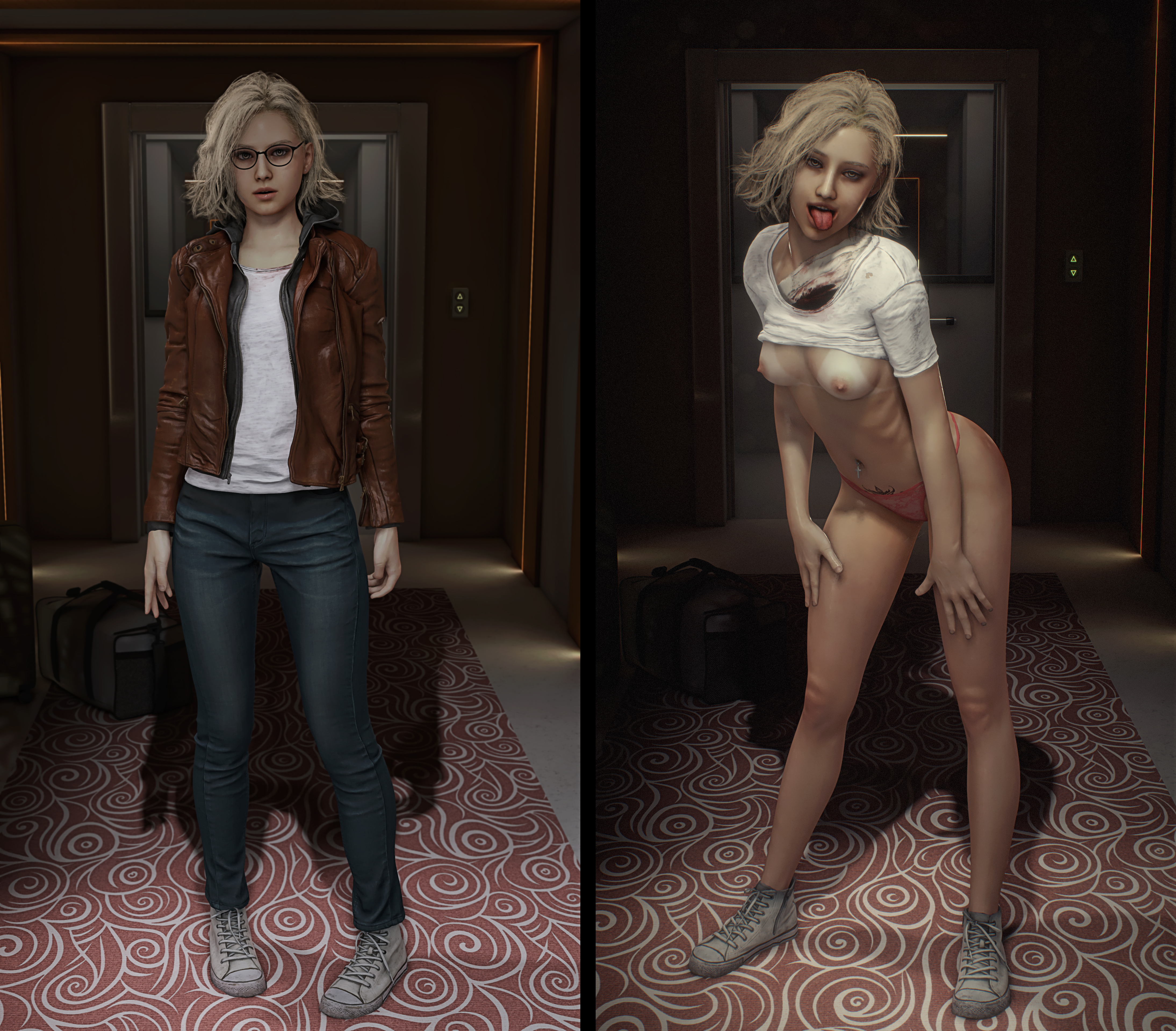 3d, before and after, blonde hair, busty, female, female focus, female only, grace ashcroft, hourglass figure, munchyman25, pinup, pinup pose, pussy, resident evil, resident evil 9: requiem, tagme, vagina, wide hips