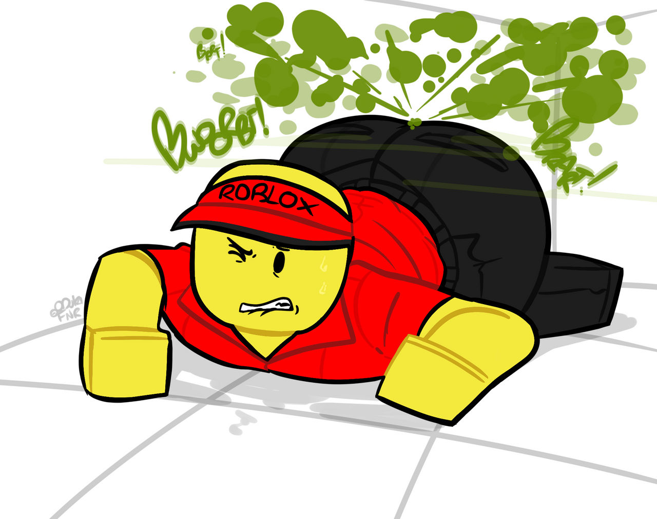 1boy, 1boys, 1male, 1males, 2d, 2d (artwork), 2d art, 2d artwork, ass, back pockets, bald, big ass, big butt, black eyes, black jeans, butt, elliot (forsaken), eproctophillia, fart, fart cloud, fart fetish, farting, fat ass, fat butt, forsaken (roblox), fully clothed, grunting, huge ass, huge butt, jeans, lying, lying on stomach, male, male only, odukafornoreason, one eye closed, roblox, robloxian, solo, text, thick ass, thick butt, work at a pizza place, yellow skin