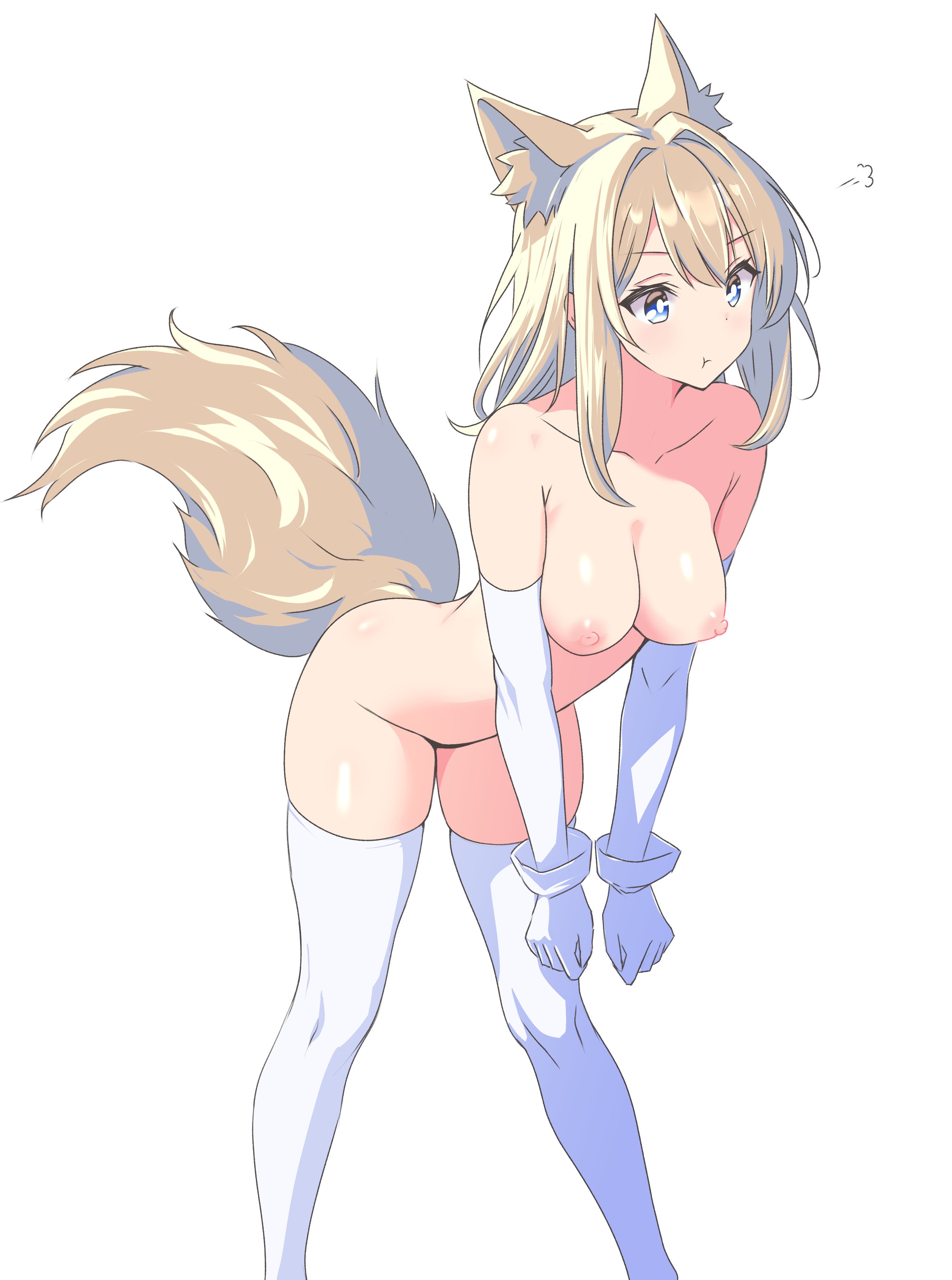 1girls, blonde hair, blue eyes, collarbone, elbow gloves, female only, kemonomimi, medium breasts, mo mo mo79, naked, nipples, nude, original, pouting, simple background, solo, tail, thighhighs, wolf ears, wolf girl, wolf tail