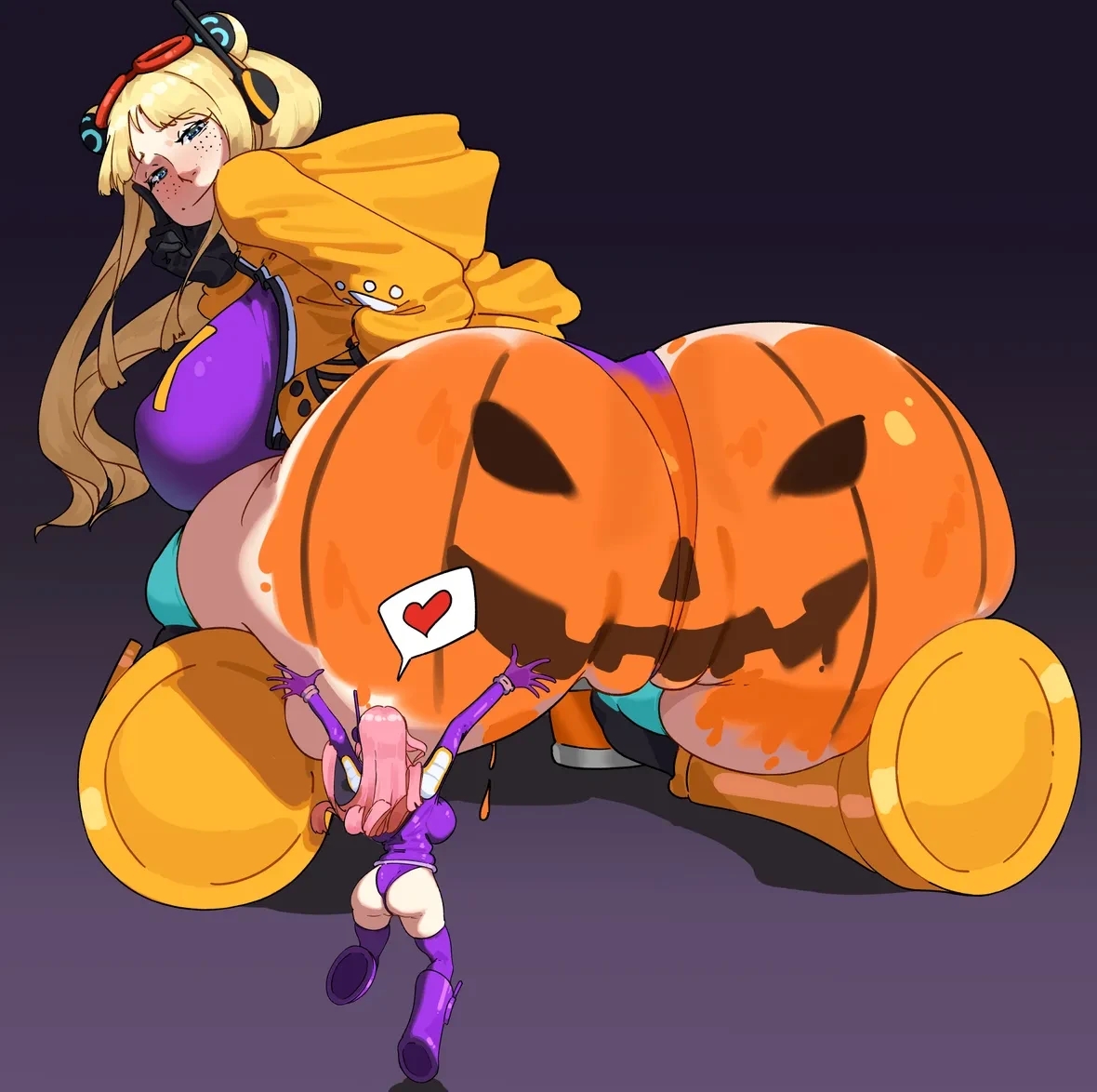 2d, 2d (artwork), 2girls, aged up, big ass, blonde female, blonde hair, blonde-haired female, blue eyes, body markings, bodypaint, bodysuit, clothed, clothed female, female, female only, freckles, freckles on face, hard-d, heart, huge ass, jewelry bonney, larger female, looking back, me, no nude, one piece, painted butt, pink hair, pink-haired female, pumpkin butt, smaller female, tag, tagme, vegapunk york