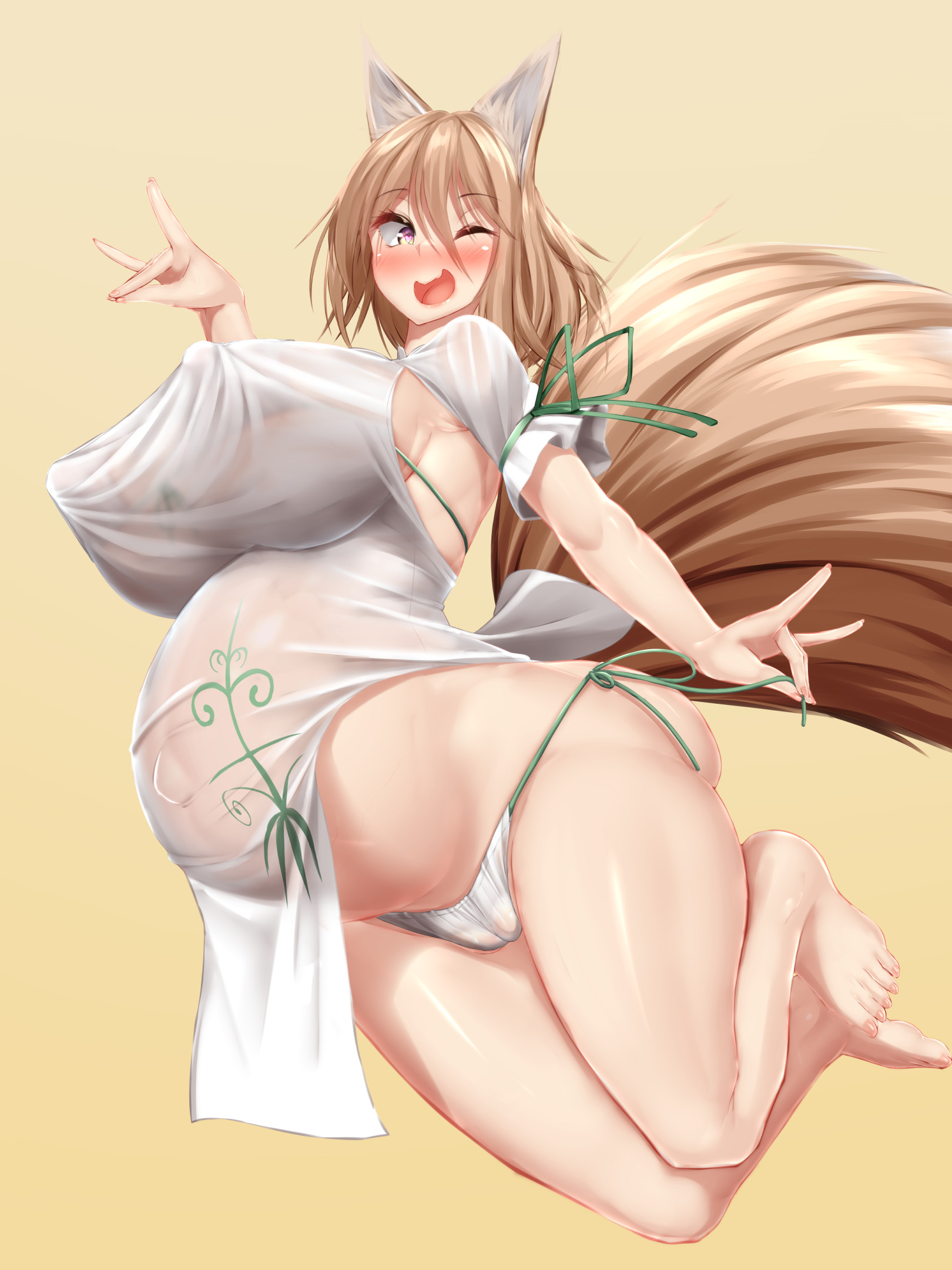 barefoot, bloated belly, bra visible through clothes, breasts, feet, female, fox girl, heart-shaped pupils, kawahagitei, kudamaki tsukasa, large breasts, panties visible through clothing, pregnant, tagme, touhou
