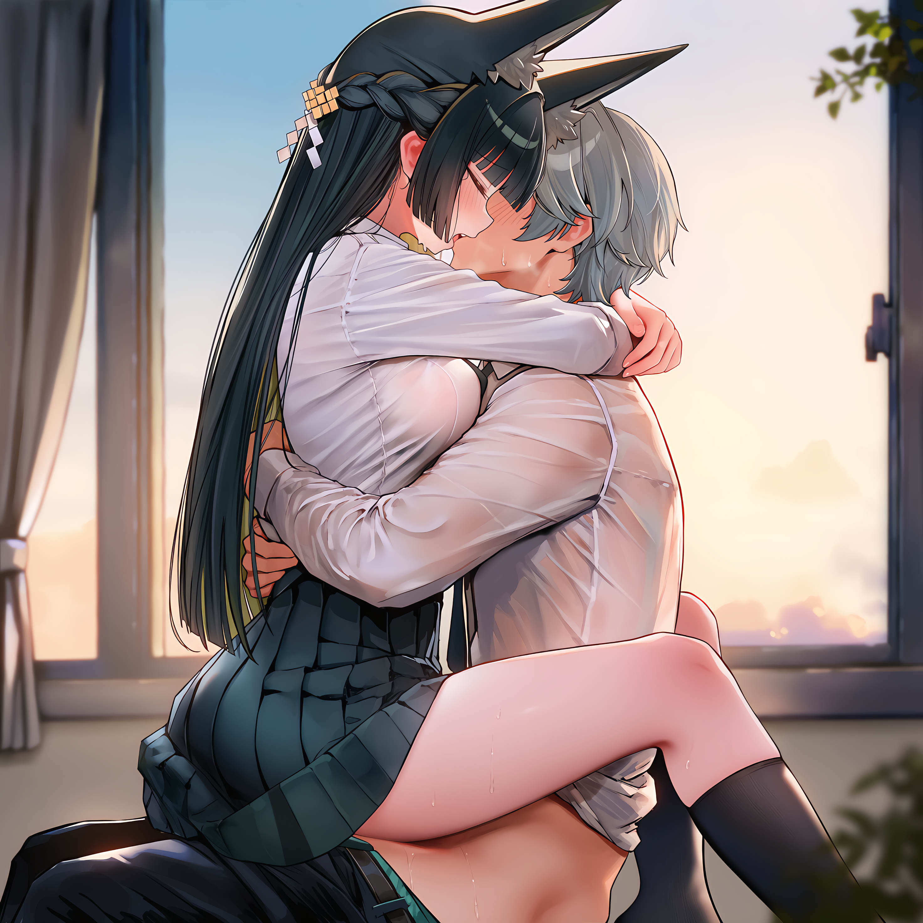 1boy, 1girls, absurd res, ai generated, animal ear fluff, animal ears, arms around neck, belt, black hair, blush, closed eyes, collared shirt, curtains, eyebrows, eyebrows visible through hair, female penetrated, fox ears, fox girl, gray hair, hair ornament, hi res, highres, holding partner, hoshimi miyabi, hugging, kenonomimi, kissing, kissing while penetrated, legs crossed, light skin, light skinned female, light-skinned male, long hair, long sleeves, love making, necktie, open mouth, pants, pants down, partially clothed, partially clothed female, partially clothed male, plant, school uniform, schoolboy, schoolgirl, sex, skirt, socks, sweat, sweatdrop, sweating, sweaty clothes, tagme, thighs, thiren, window, wise (zenless zone zero), zenless zone zero