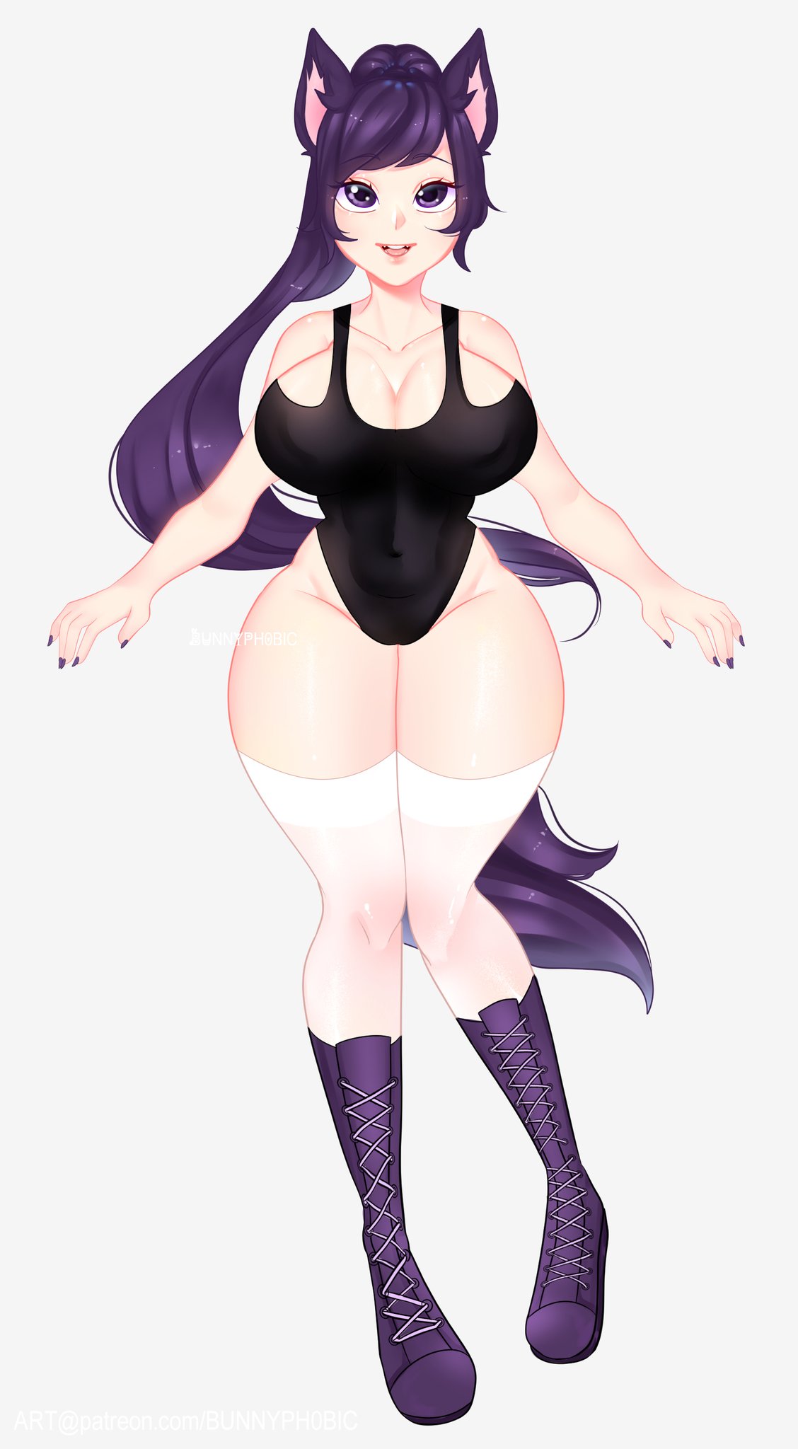 1girls, animal ears, artist name, belly button, big breasts, black swimsuit, boots, breasts, bunnyph0bic, busty, cleavage, collarbone, curvy, eyebrows visible through hair, female, female only, footwear, long boots, long hair, long ponytail, looking at viewer, mitsuki (hanns33694210), one-piece swimsuit, open mouth, plain background, purple eyes, purple footwear, purple hair, purple nails, roblox, roblox avatar, simple background, smile, socks, solo, solo female, swimsuit, teeth, thick thighs, thighhighs, thighs, tongue, watermark, white background, white thighhighs