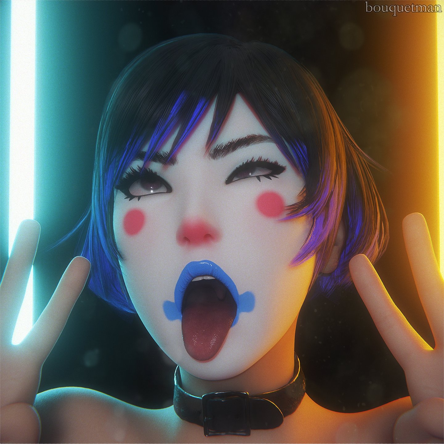 1girls, 3d, ahe gao, ahegao face, april fools, bouquetman, clown, clown girl, clown makeup, female, female only, nude, nude female, reina mishima, solo, tekken, tekken 8, tongue, tongue out, v sign