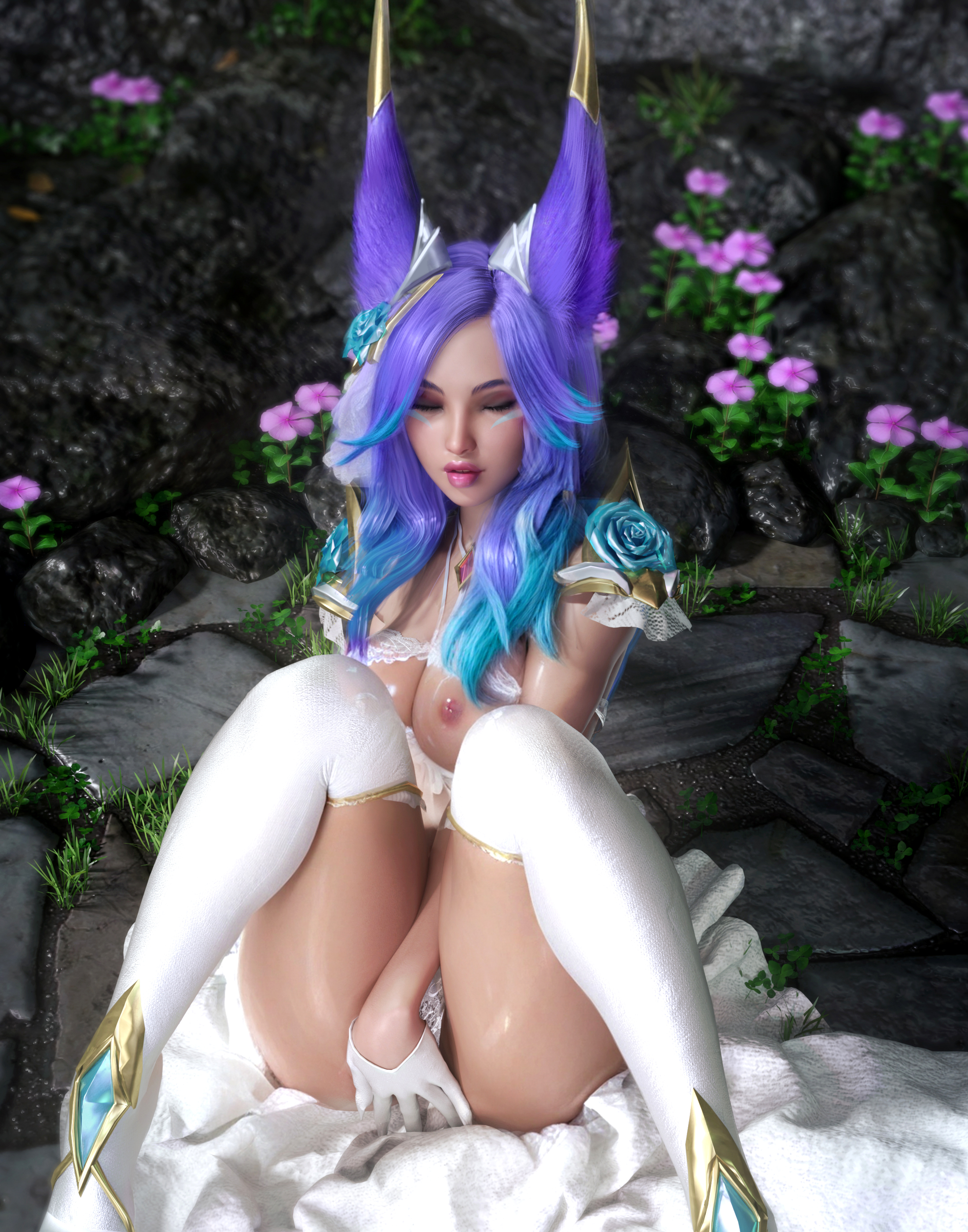 3d, 3d (artwork), 3d render, bird girl, blue hair, bride, crystal rose series, half naked, league of legends, league of legends: wild rift, outdoors, sevenbees, solo female, xayah