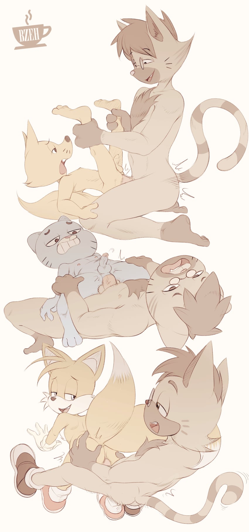 2d, 2d (artwork), 4boys, age difference, anal, anal sex, bzeh, cartoon network, cub, furry, furry only, gay, gay sex, gumball watterson, kaiketsu zorori, male, male cub, male only, older male, sega, sonic (series), tails the fox, the amazing world of gumball, white background, zorori