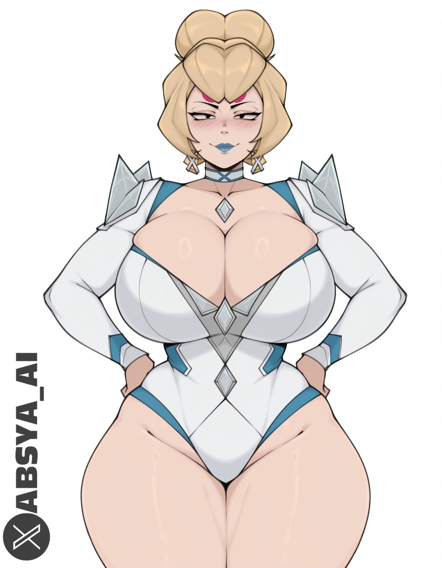 1girls, 2026, absya ai, ai generated, big breasts, blonde female, blonde hair, blue lipstick, brawl stars, breasts, busty, charlie (brawl stars), choker, clothed, clothed female, clothing, collar, curvy, earrings, emma frost, emma frost (cosplay), emma frost (marvel rivals), female, female focus, female only, front view, hair bun, huge breasts, jewelry, large breasts, light skin, light-skinned female, lipstick, looking at viewer, marvel, marvel rivals, mature, mature female, mature woman, slim waist, solo, solo female, solo focus, standing, supercell, thicc, thick, thick thighs, voluptuous, wide hips