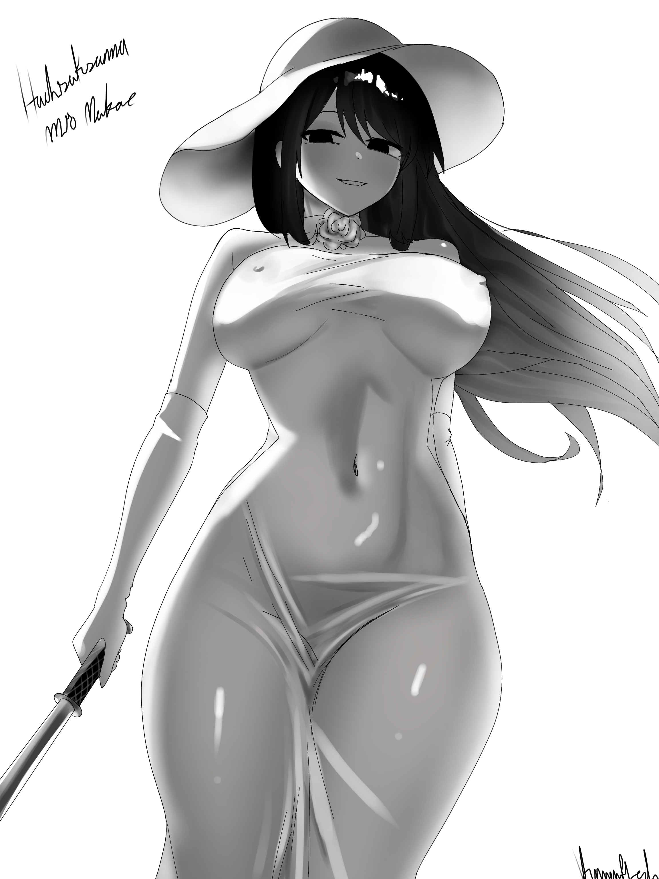 big breasts, black and white, black eyes, black hair, clothed, clothed female, clothing, colorless kaina, cosplay, female, female only, genderswap (mtf), glistening, golf club, hasshaku-sama, hasshaku-sama (cosplay), hat, holding object, looking at viewer, milf, mio nakae, mushoku no kaina, nakae mio, rule 63, sun hat, tagme, vanity2112, white dress, wide hips