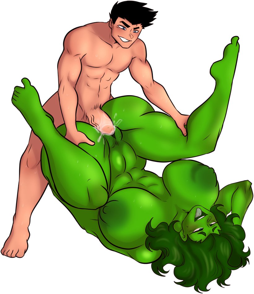 1boy 1girls black_hair breasts green_eyes green_hair green_skin huge_ass hulk_(series) marvel matching_hair/eyes muscular muscular_female muscular_male sex she-hulk simple_background tinkybox vaginal_penetration white_background