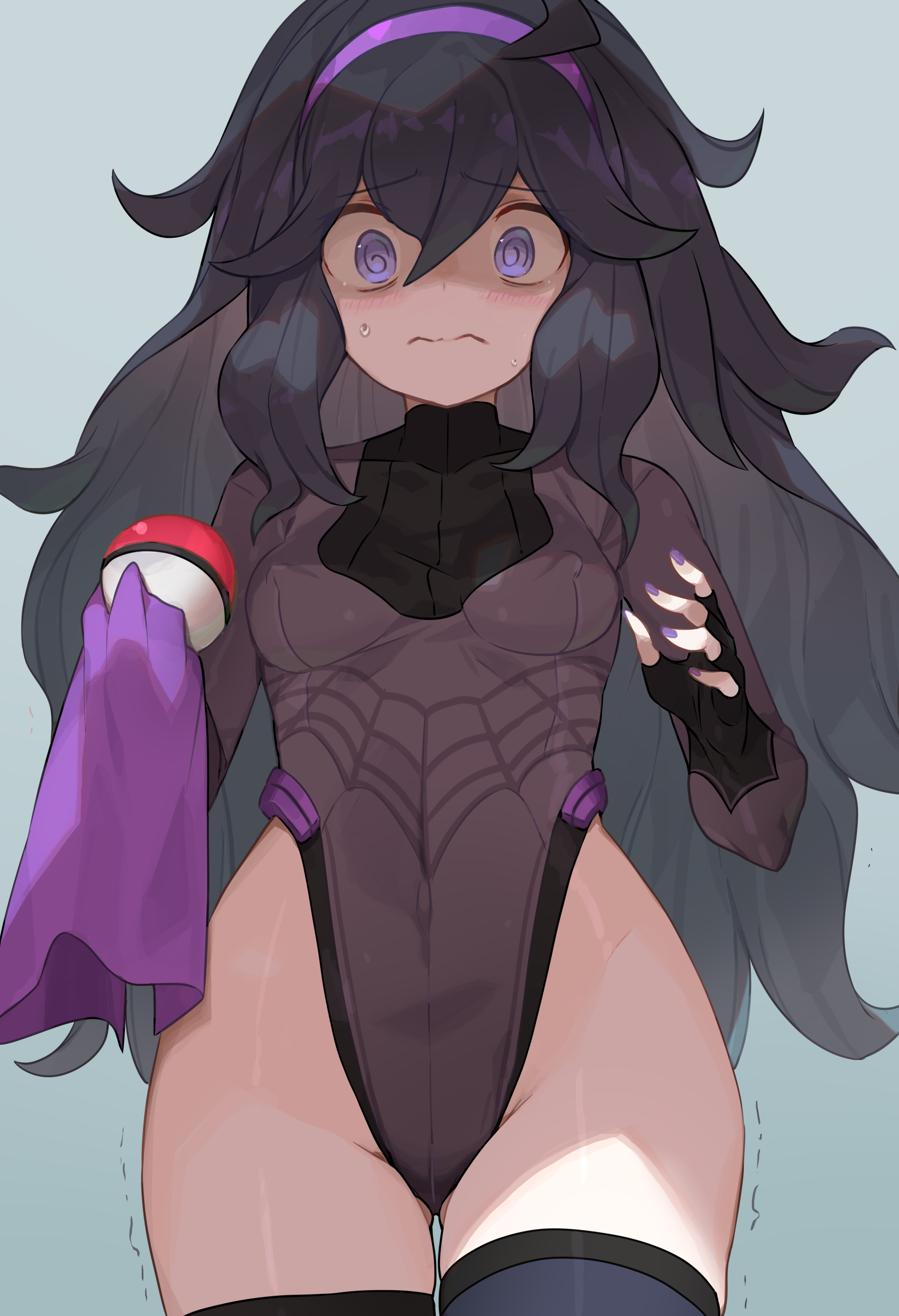 @ @, 1girls, adapted costume, armwear, bangs, belt, black gloves, black hair, blush, blushing, breasts, clavicle, closed mouth, cloth, clothing, covered navel, cute, embarrassed, erect nipples, erect nipples under clothes, eye contact, eyebrows visible through hair, female, female focus, female only, gloves, hair between eyes, hairband, handwear, hex maniac, hex maniac (pokemon xy), hi res, high resolution, highleg, highleg leotard, highres, holding, holding cloth, holding object, holding poke ball, hourglass figure, human, legwear, leotard, light-skinned female, long hair, looking at viewer, medium breasts, messy hair, nail polish, nintendo, nipple bulge, nipples, npc trainer, painted nails, pale skin, pale-skinned female, poke ball, pokemon, pokemon trainer, pokemon xy, purple eyes, purple hair, purple hairband, purple nails, shaking, sidelocks, simple background, solo, solo female, spiral eyes, spring2013, sweat, sweatdrop, swirly eyes, thin waist, tight clothing, trembling, turtleneck, v, very high resolution, viewed from below, white-skinned female, wide eyed