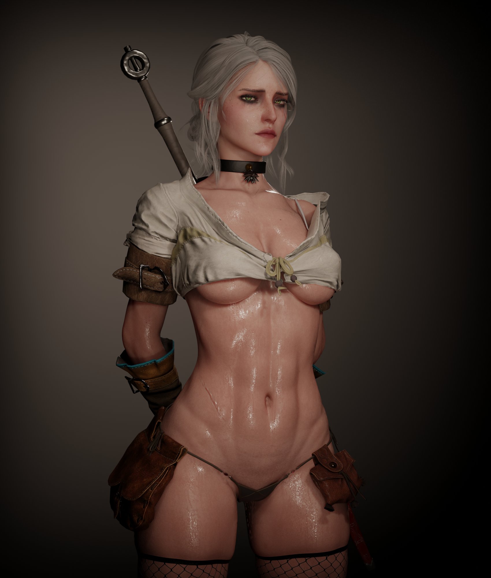 1girls, 3d, breasts, cd projekt red, choker, ciri, female, fishnet legwear, fishnets, freckles, freckles on face, gloves, green eyes, light skin, light-skinned female, looking at viewer, mascara, scar, soboro, solo, solo female, stockings, sword, the witcher (series), the witcher 3: wild hunt, thong, wet body, white hair, witcher medallion