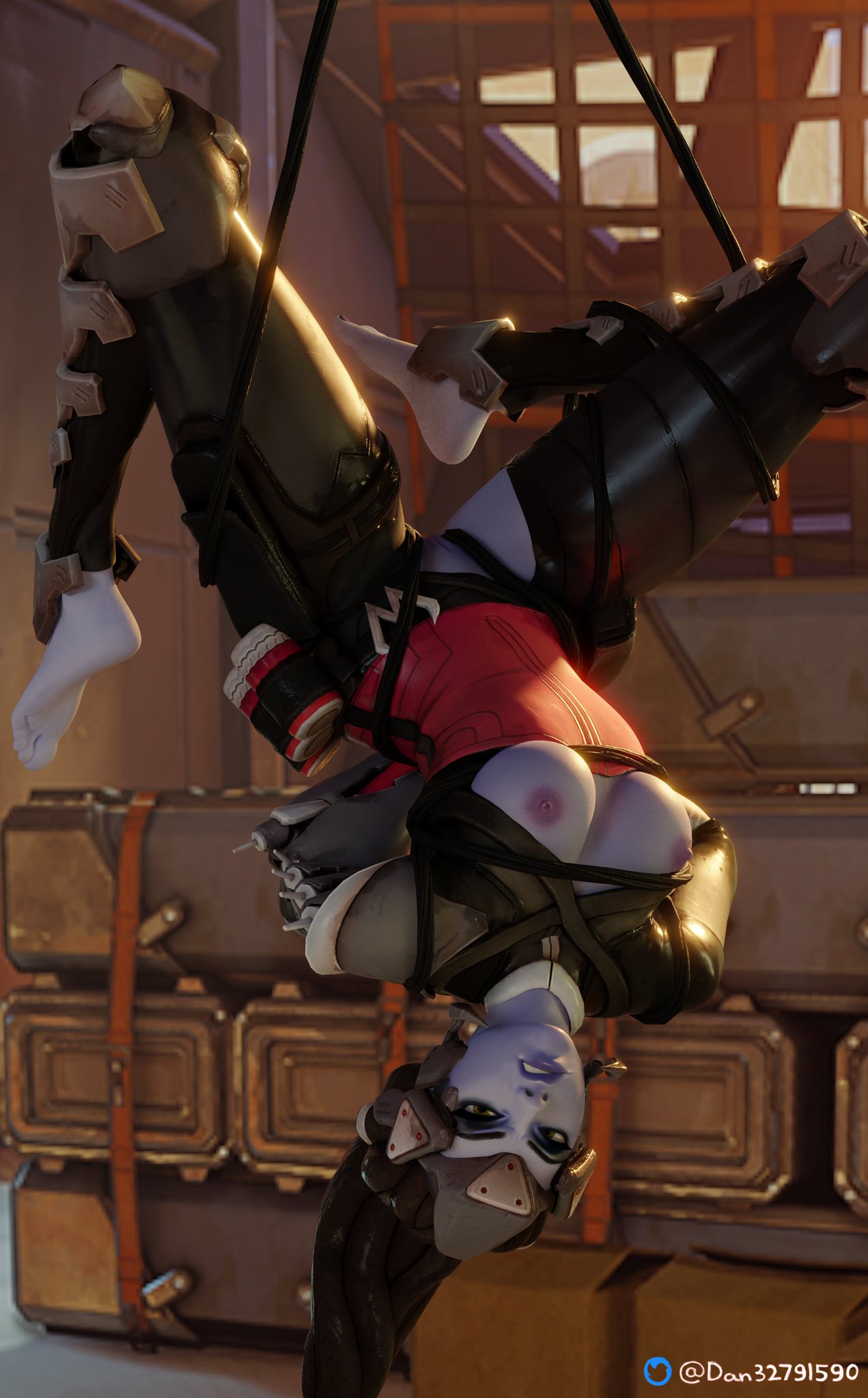1girls, 3d, alternate hairstyle, angry, annoyed, areolae, bdsm, bondage, bound, breasts, captured, darcy mcphie, defeated, dominant, domination, dreadlocks, exposed breasts, exposed nipples, exposed pussy, female, female only, looking at viewer, lowres, nipples, overwatch, pussy, solo, solo female, tied up, upside-down, widowmaker