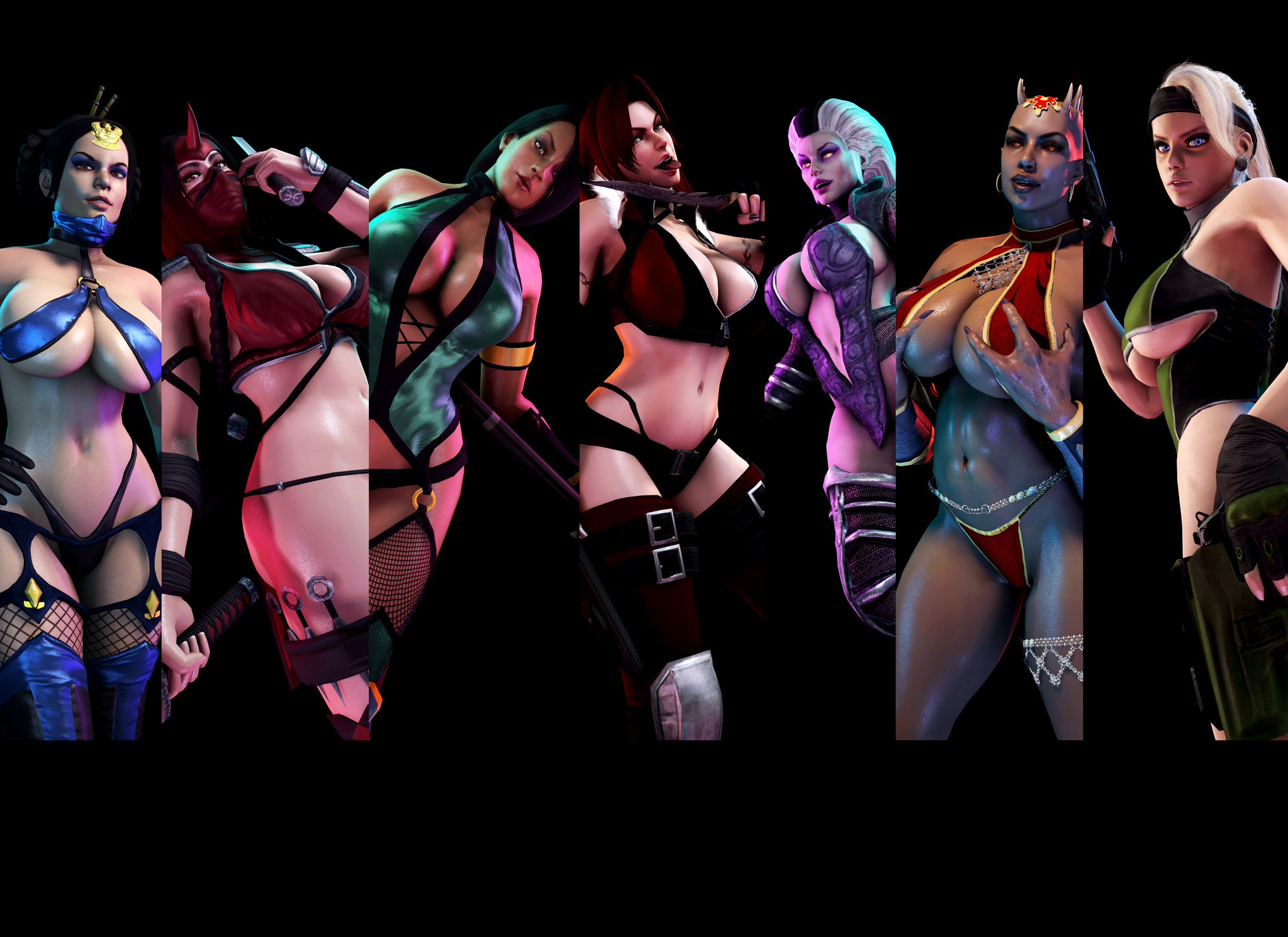 , 3d, 4 arms, 7girls, ass, big ass, big breasts, breasts, brown body, brown skin, brown-skinned female, bust, busty, chest, curvaceous, curvy, curvy figure, dualfaceart, edenian, female, hips, hourglass figure, huge ass, huge breasts, jade (mortal kombat), kira (mortal kombat), kitana, kunoichi, large ass, large breasts, light skin, light-skinned female, mature, mature female, midway, mortal kombat, multiple girls, netherrealm studios, onagi, queen, royalty, sheeva, shokan, sindel, skarlet, skarlet (mk9), slim waist, thick, thick hips, thick legs, thick thighs, thighs, voluptuous, waist, wide hips