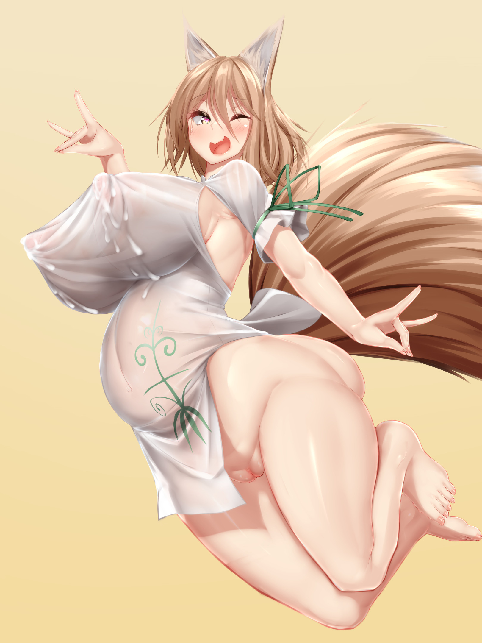 barefoot, bloated belly, bra visible through clothes, breasts, feet, female, fox girl, heart-shaped pupils, kawahagitei, kudamaki tsukasa, large breasts, panties visible through clothing, pregnant, tagme, touhou
