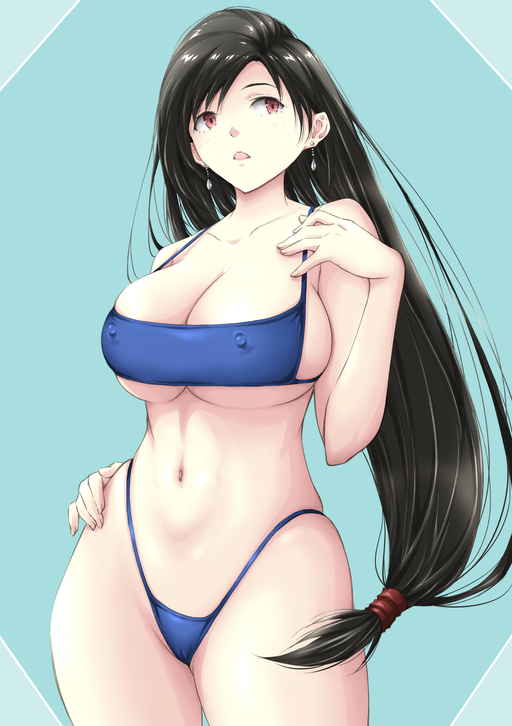 bikini black_hair blue_bikini breasts collarbone covered_nipples cowboy_shot curious erect_nipples erect_nipples_under_clothes female final_fantasy final_fantasy_vii hand_on_hip highleg highleg_bikini highleg_swimsuit highres large_breasts long_hair looking_up low-tied navel nintarou pose red_eyes sideboob solo standing swimsuit thick_thighs tifa_lockhart underboob wide_hips