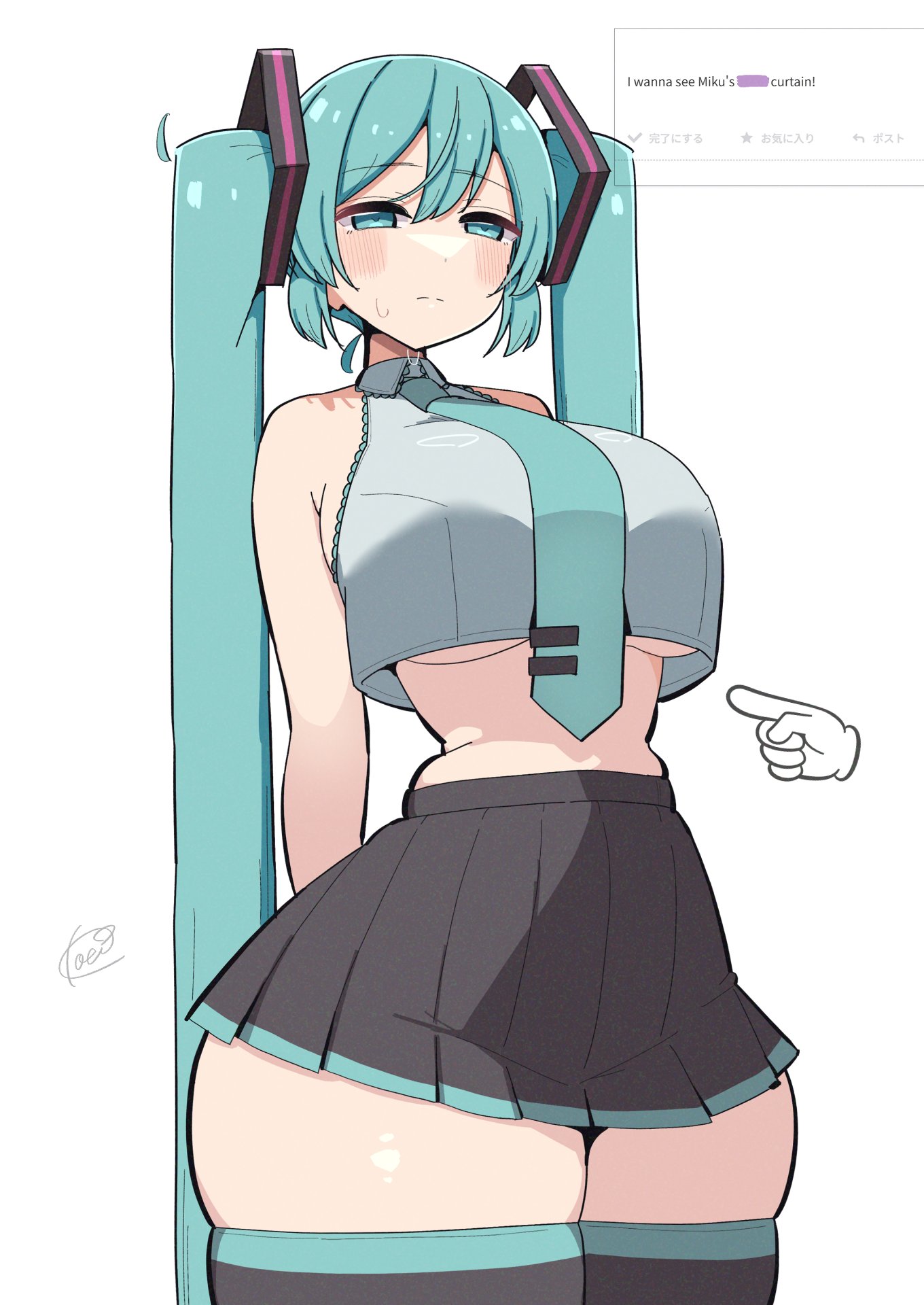 1girl, alternate breast size, aqua eyes, aqua hair, aqua necktie, arms behind back, bangs, bare shoulders, black skirt, black thighhighs, blush, breasts, closed mouth, cowboy shot, crop top, crop top overhang, hatsune miku, huge breasts, huge thighs, koeikobo, large breasts, long hair, midriff, necktie, pleated skirt, plump, pointing, poking, shiny, shirt, simple background, skindentation, skirt, sleeveless, sleeveless shirt, solo, stockings, sweatdrop, thick thighs, thighhighs, thighs, twintails, underboob, undersized clothes, very long hair, vocaloid, white background, zettai ryouiki