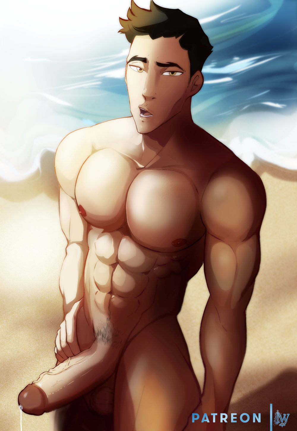 1boy, abs, artist name, avatar legends, balls, balls out, bara, beach, biceps, big balls, big pecs, big penis, black hair, cum, erection, gay, gay male, hairy balls, hand on hip, human, human only, idoraad, lilprincyvi, looking at viewer, mako, male, male chest, male focus, male only, mouth open, muscular, muscular male, muscular thighs, nickelodeon, nude, nude male, ocean, open mouth, pecs, pectorals, penis, pose, posing, pubic hair, public, sand, six pack, smooth skin, solo, solo focus, solo male, standing, stroking, stroking penis, sunlight, the legend of korra, toned, toned body, toned male, water, white body, yaoi, yellow eyes