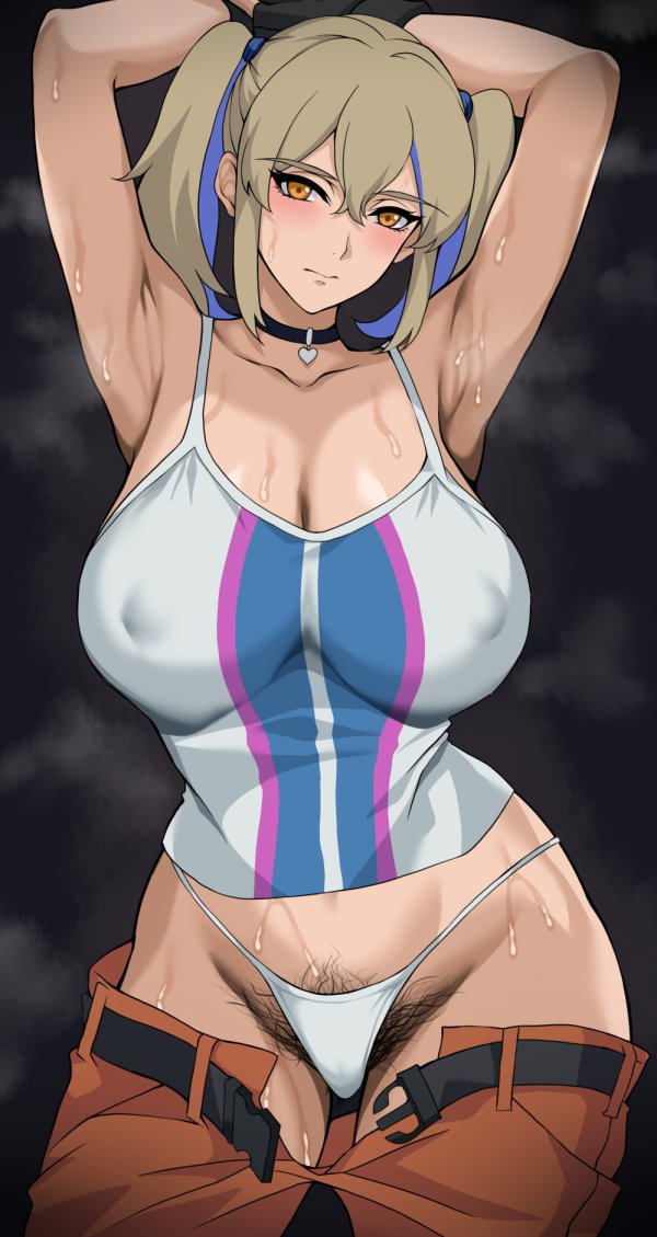 closed mouth, curvy, embarrassed, gundam, gundam hathaway's flash, hala morley, huge breasts, looking at viewer, nipple bulge, nirowata, pants down, pubic hair, steam, sweat, sweaty, thick thighs, wide hips