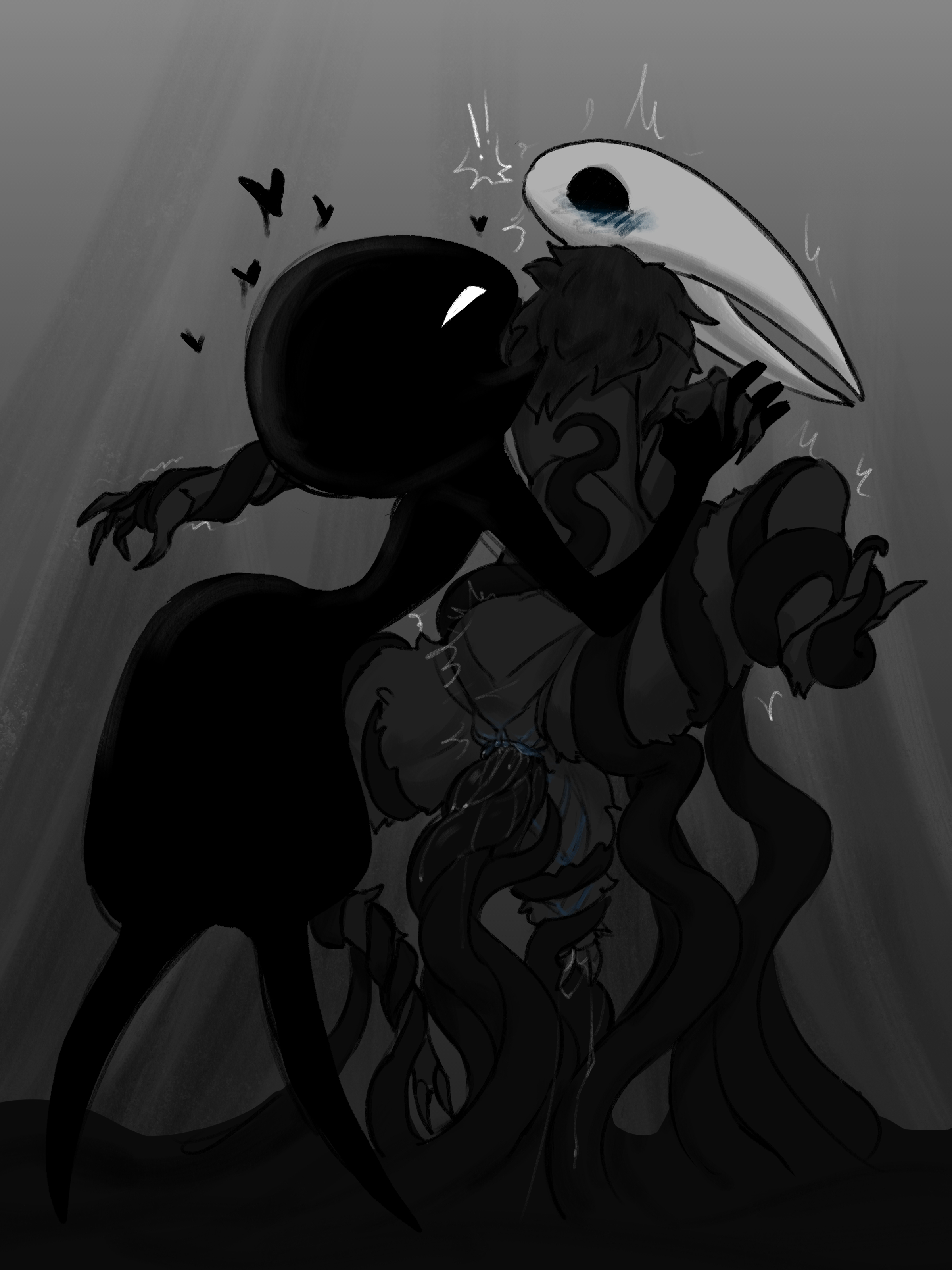 2girls, absurdres, arthropod girl, black body, black skin, blue pupils, blush, blush lines, body fur, boopie (artist), bug, bug girl, colored skin, fur, furry, furry female, furry with furry, glowing, glowing eyes, grey fur, hands on another's shoulders, heart, highres, hollow eyes, hollow knight, hollow knight (franchise), hollow knight: silksong, horned mask, hornet (hollow knight), lace (hollow knight: silksong), lace (hollow knight), lesbian sex, lost lace, mask, multiple girls, pussy, pussy juice, spider, spider girl, team cherry, tentacle, tentacle sex, yuri