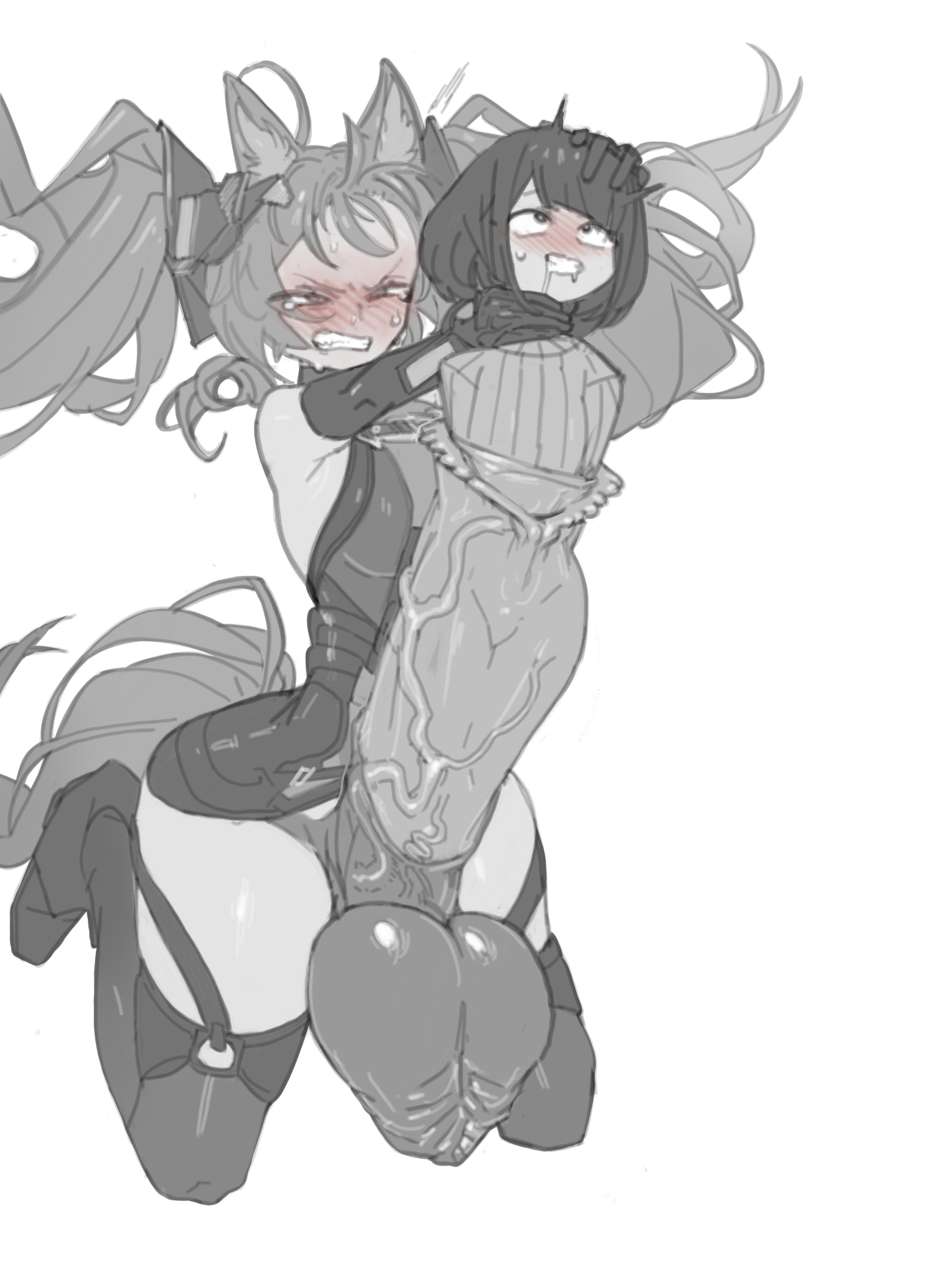 1futa, 1girls, ahe gao, animal penis, arknights, arknights: endfield, blush, choking, clenched teeth, cock vore, endministrator (arknights: endfield), female, female endministrator (arknights: endfield), fox ears, fox girl, futa on female, futa with female, futanari, gilberta (arknights: endfield), greyscale, hand on another's head, height difference, hitobashira (1746164306), horsecock, huge balls, huge cock, hung futa, large breasts, long hair, monochrome, same size vore, shoving, sweat, testicles clench, thick thighs, twintails, urethral insertion, victim alice, vore