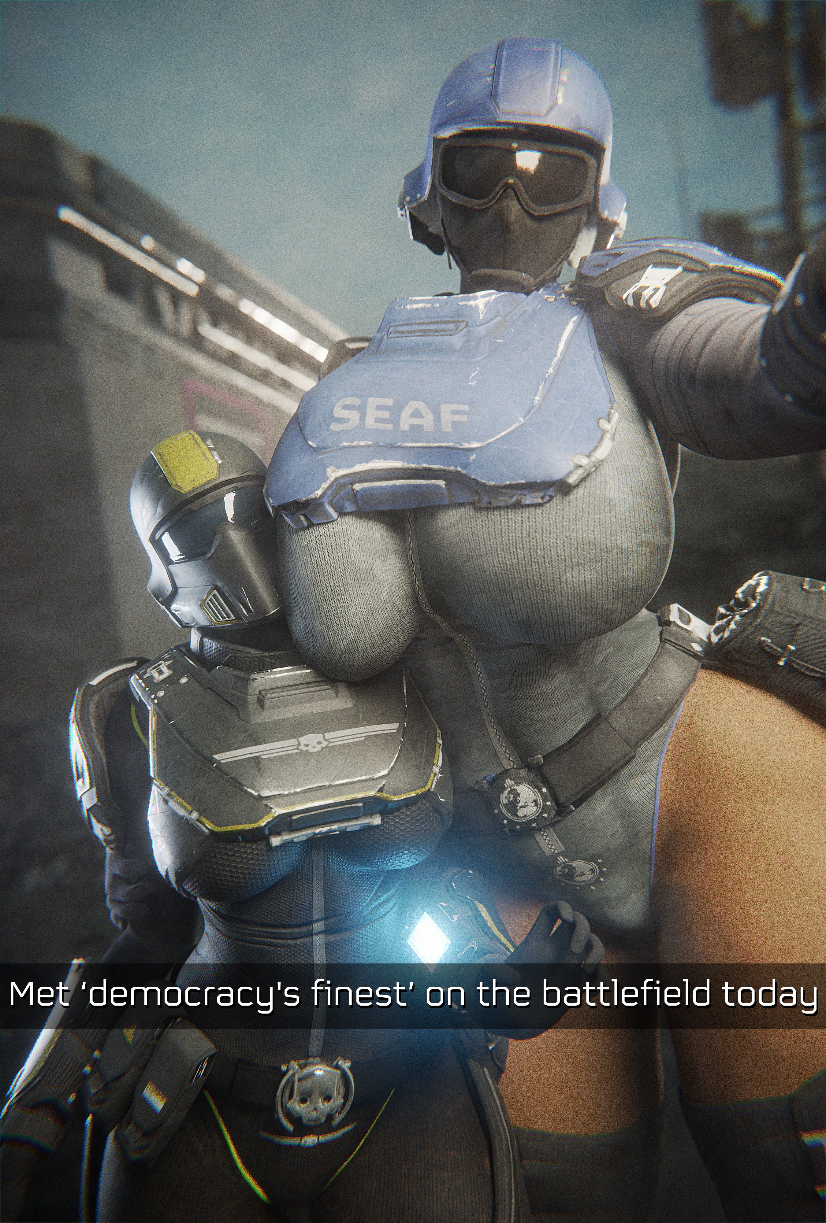 2girls, 3d, 3d (artwork), armored, armored female, big breasts, big d0rk, bigger female, breasts, clothed, clothed female, female, female focus, female only, female soldier, giantess, height difference, helldiver (helldivers), helldivers, helldivers (series), helldivers 2, huge boobs, huge breasts, large boobs, large breasts, larger female, mini giantess, multiple female, multiple girls, seaf soldier (helldivers), shorter female, size difference, smaller female, soldier, thick thighs, thighs