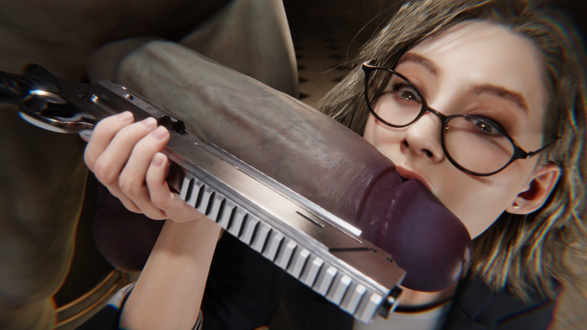 1boy, 1girls, 3d, black and white, blonde hair, female, female focus, firearm, grace ashcroft, gun, handgun, male, nothzard, nudity, penis, penis awe, requiem (gun), resident evil, resident evil 9: requiem, revolver, sex, tagme, weapon