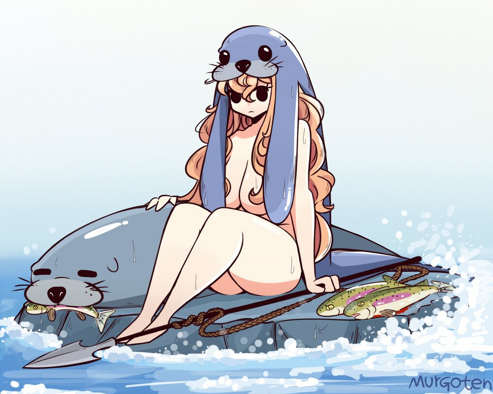 1animal 1girls big_breasts blonde_hair breasts cleavage cute mob_face monster_girl monster_girl_encyclopedia murgoten mythology nude nude_female sea seal selkie selkie_(monster_girl_encyclopedia) spear tagme thick thick_thighs