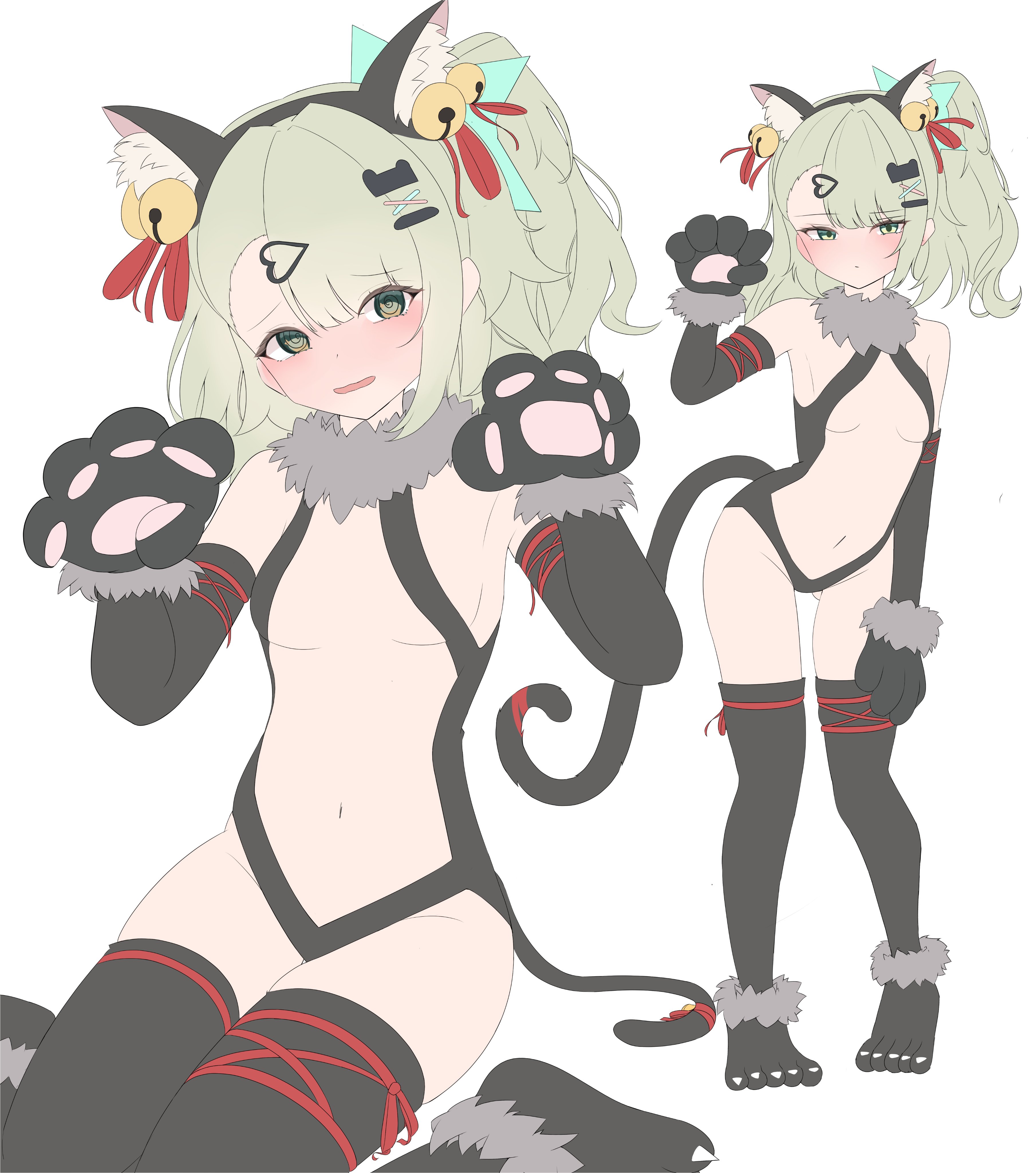 1girls, absurd res, angels of delusion, artist request, black legwear, blush, cat ears, cat paws, cat tail, embarrassed, fake animal ears, female, female focus, female only, green hair, hairclip, hairclips, highres, partially clothed, pawpads, ponytail, side ponytail, small breasts, sole female, sunna (zenless zone zero), zenless zone zero