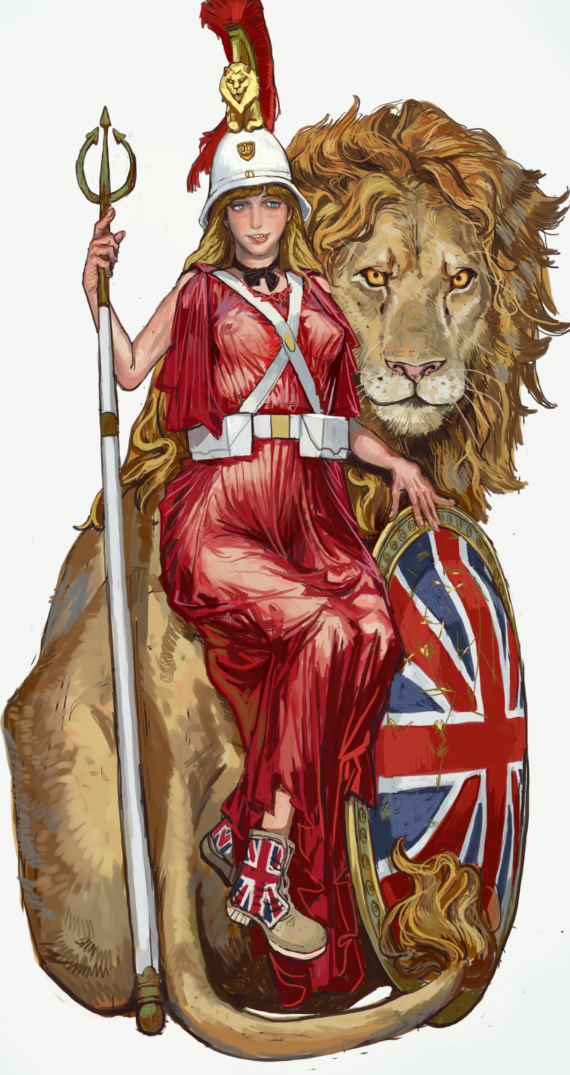 1girls, 2d, blonde female, blonde hair, blonde hair female, blonde-haired female, blue eyes, bowtie, breasts, breasts visible through clothing, britannia, british, british female, female, goes hard, history, lion, mossa, mossacannibalis, national personification, nipples, nipples visible through clothing, public domain, red dress, redcoat, see-through, see-through clothing, see-through dress, shield, solo, solo female, solo focus, sticking out tongue, sticking tongue out, transparent clothing, union jack