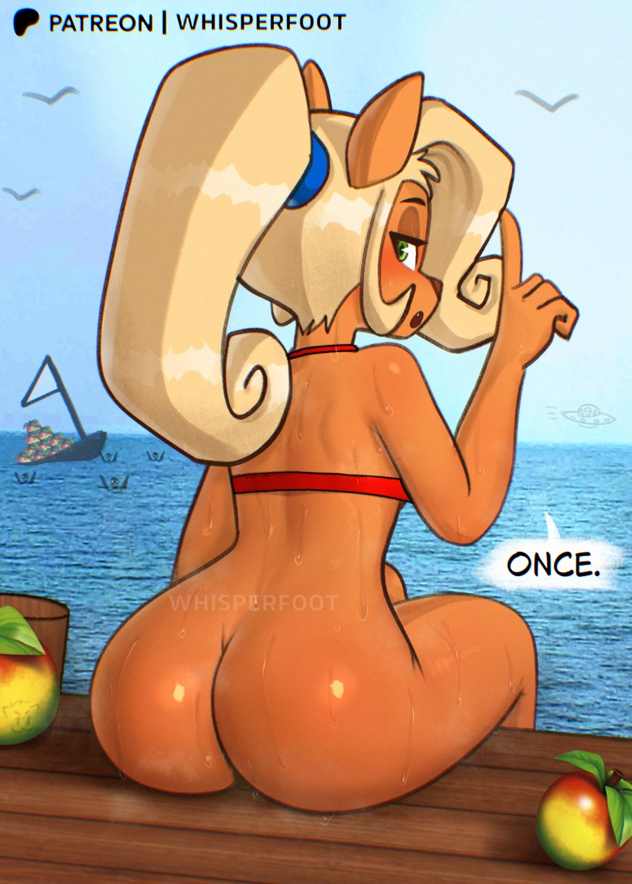 1girls, anthro, ass, ass focus, bikini top, boat, bottomless, coco bandicoot, crash (series), crash bandicoot, english, english text, female, female focus, female only, fruit, green eyes, long hair, looking away, naked, nude, patreon, patreon username, presenting ass, presenting hindquarters, sitting, speech bubble, sweat, sweatdrop, sweating, sweaty, sweaty body, talking, talking to viewer, tan body, tan skin, water, watermark, whisperfoot, wumpa fruit, you may spank it once (meme)