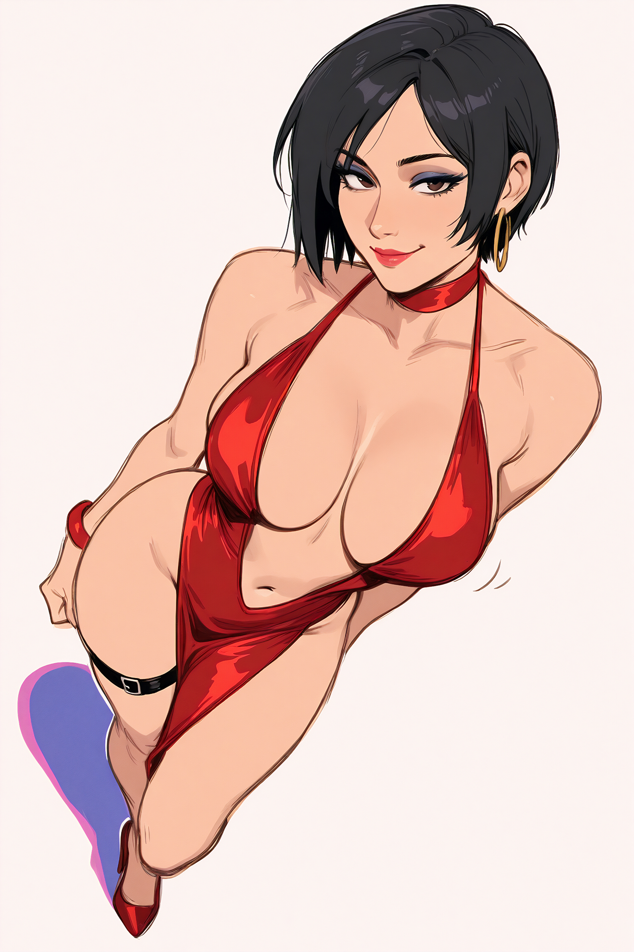 1girls, ada wong, ai generated, big breasts, black hair, blue eyeshadow, breasts, dress, earrings, eyeshadow, female, fr34ky, from above, hoop earrings, lipstick, red choker, red dress, red lipstick, resident evil, short hair