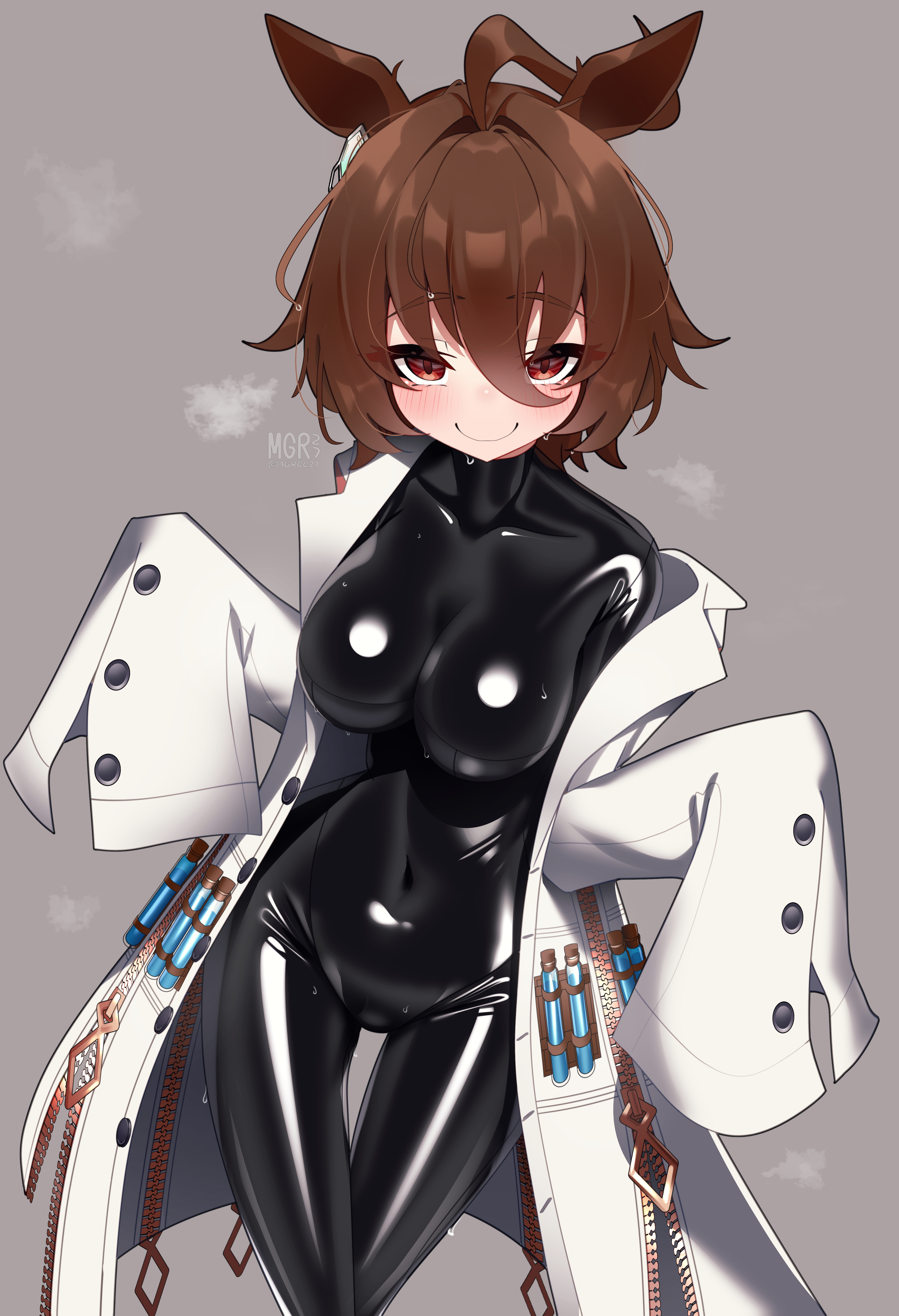 1girls, agnes tachyon (umamusume), black clothing, black latex, bodysuit, brown hair, female, female only, fully clothed, jpeg, latex, latex clothing, latex suit, maguro27, oversized clothes, red eyes, rubber, rubber clothing, shiny clothes, thigh gap, tight clothing, umamusume, umamusume pretty derby