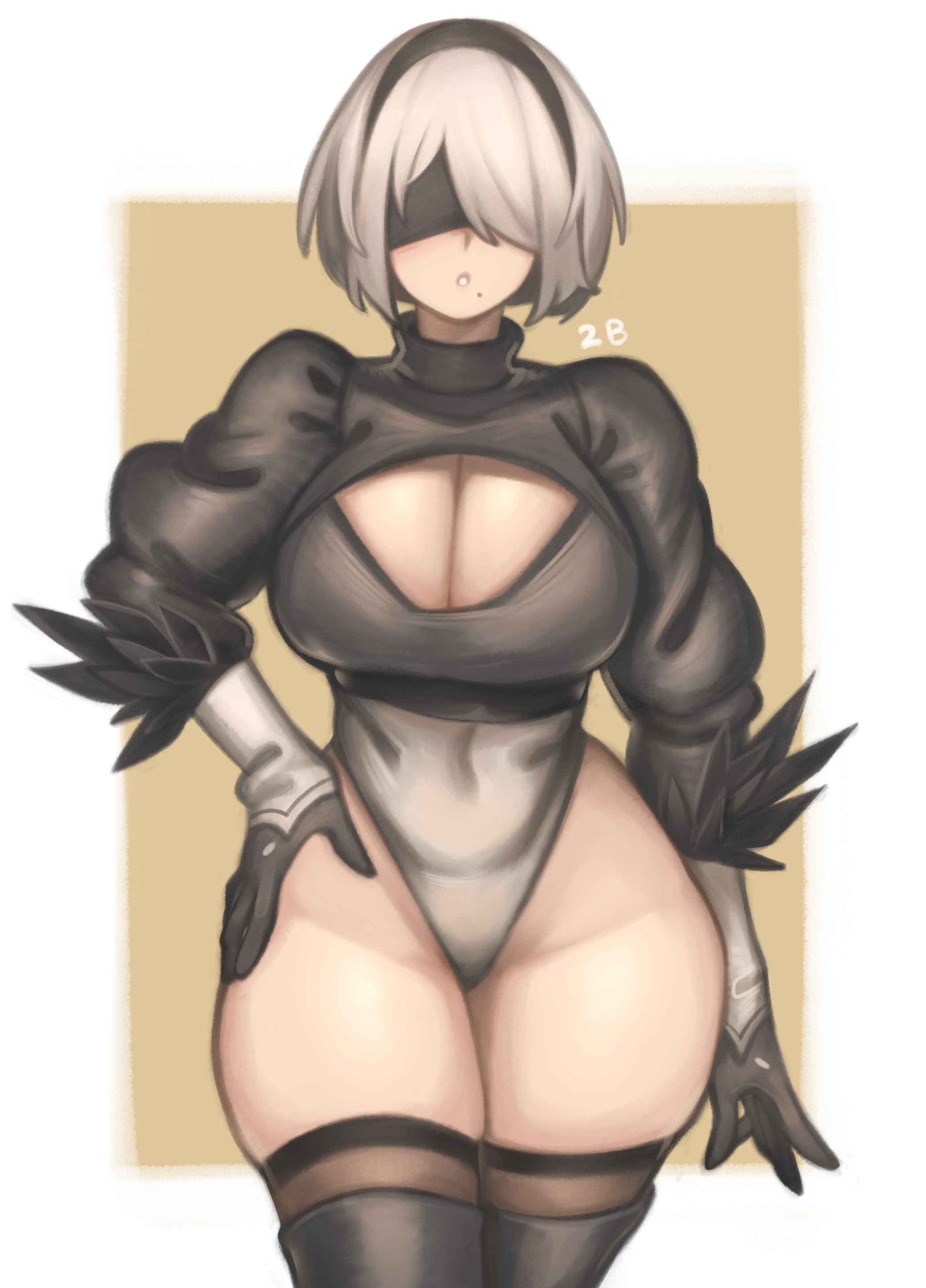 blindfold, breasts, cleavage, female, hand on hip, kelvin hiu, large breasts, leotard, mole, mole under mouth, nier: automata, skindentation, standing, tagme, thick thighs, thigh boots, thighhighs, thighs, white hair, wide hips, yorha 2b